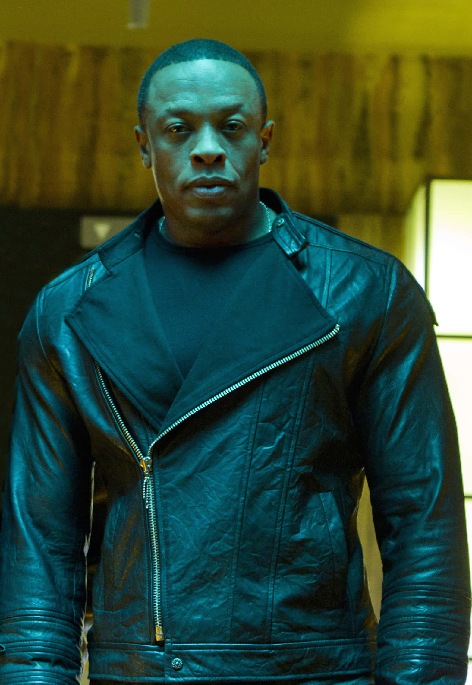 Dr. Dre, black leather jacket, dimly lit room, Full HD Phone Wallpaper