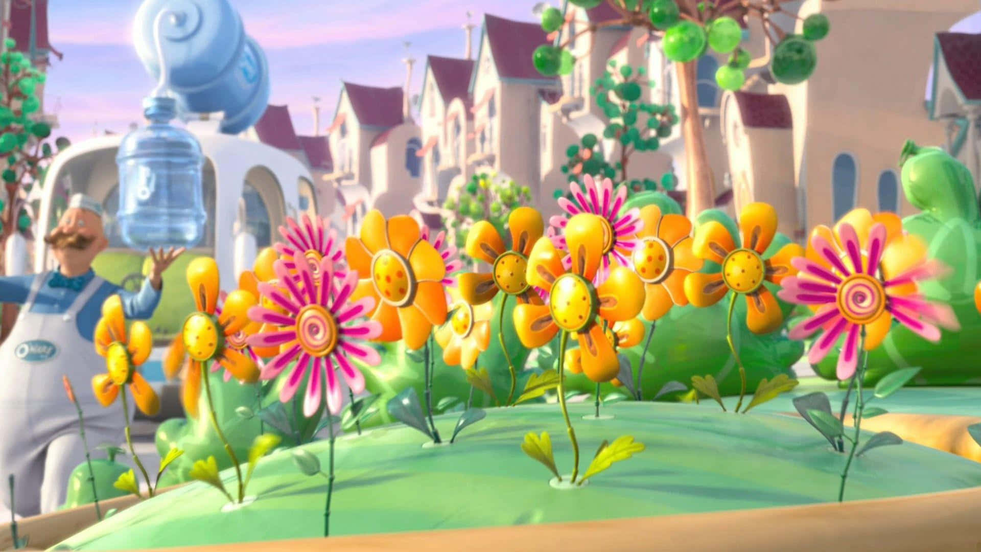 Dr Seuss, whimsical village street, cartoon flowers with smiling faces, Full HD Desktop Wallpaper