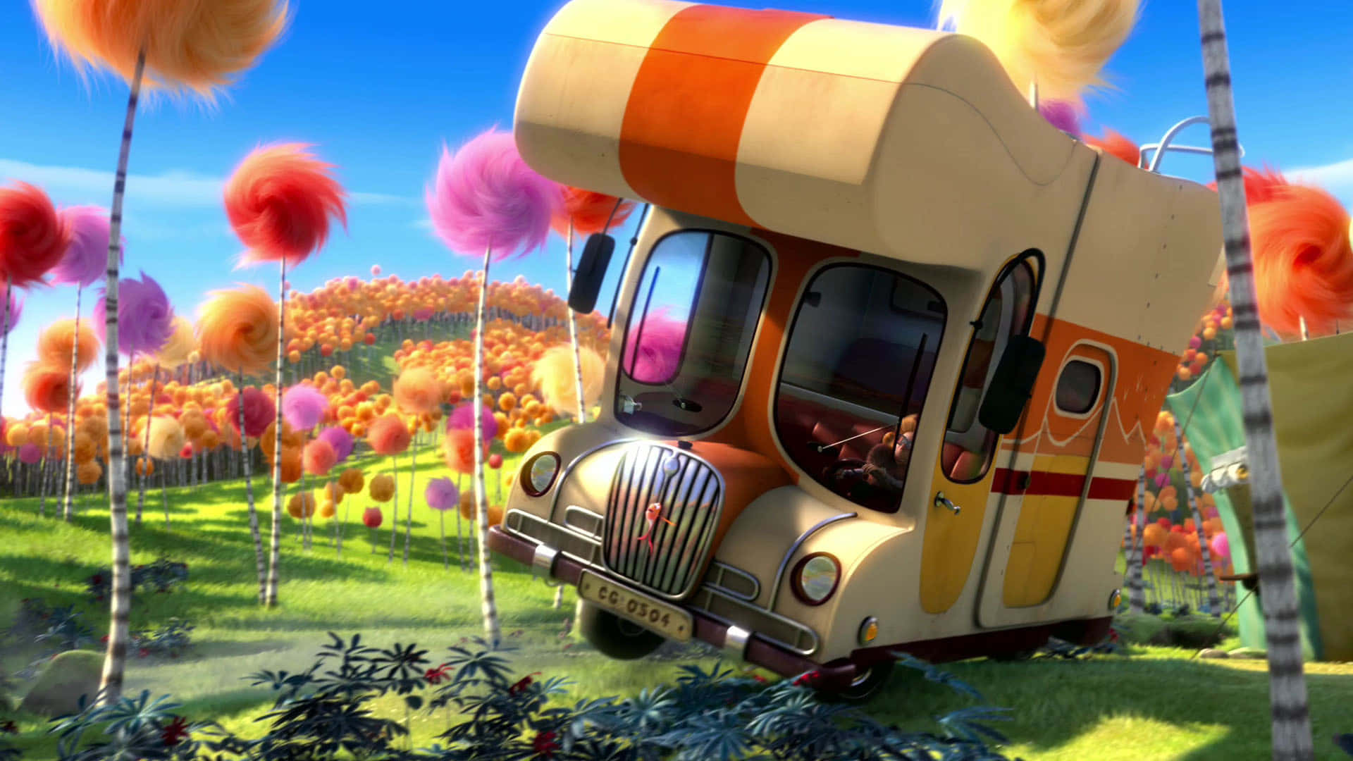 Dr Seuss, orange and cream camper van, vibrant field of colorful fuzzy trees, Full HD Desktop Wallpaper