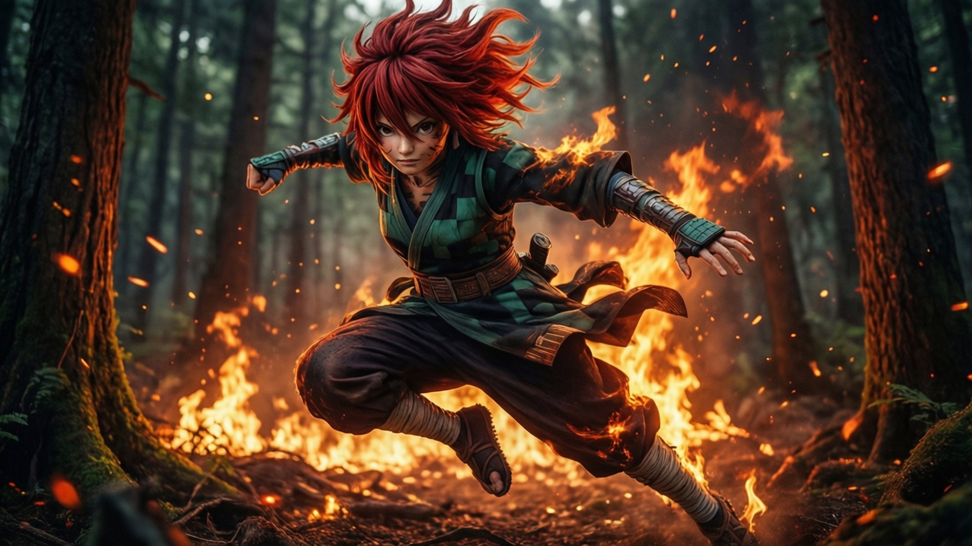 Homura Momiji, fiery forest, dynamic leap, Full HD Desktop Wallpaper