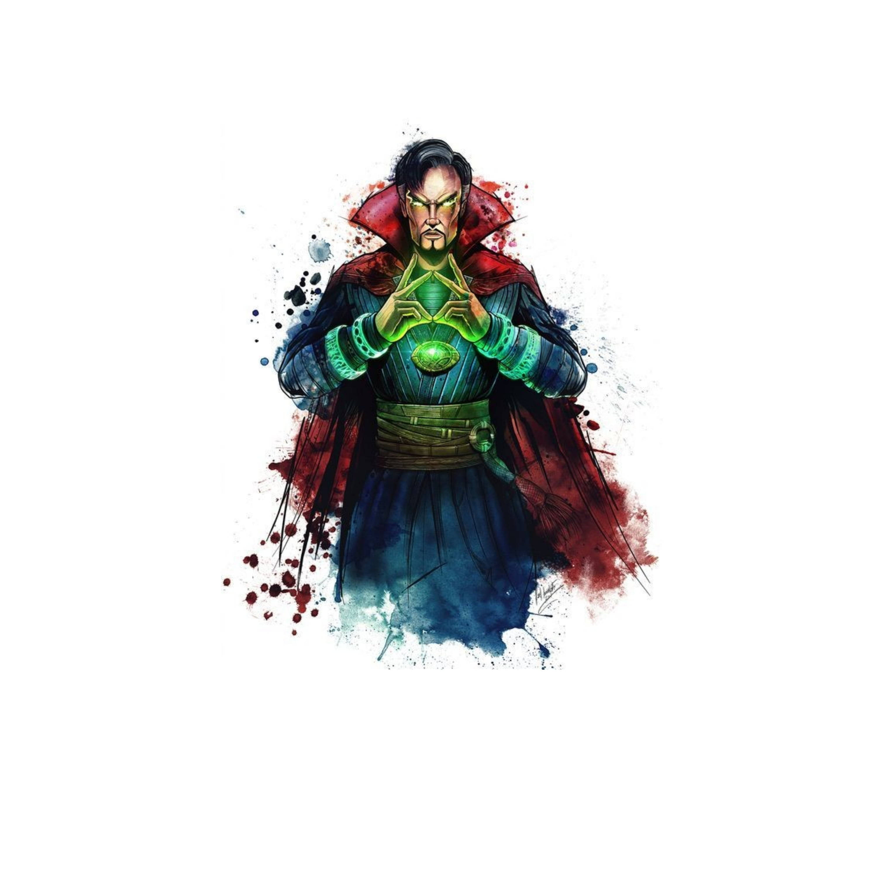 Dr Strange, glowing green hands, red cape, 2K Desktop Wallpaper