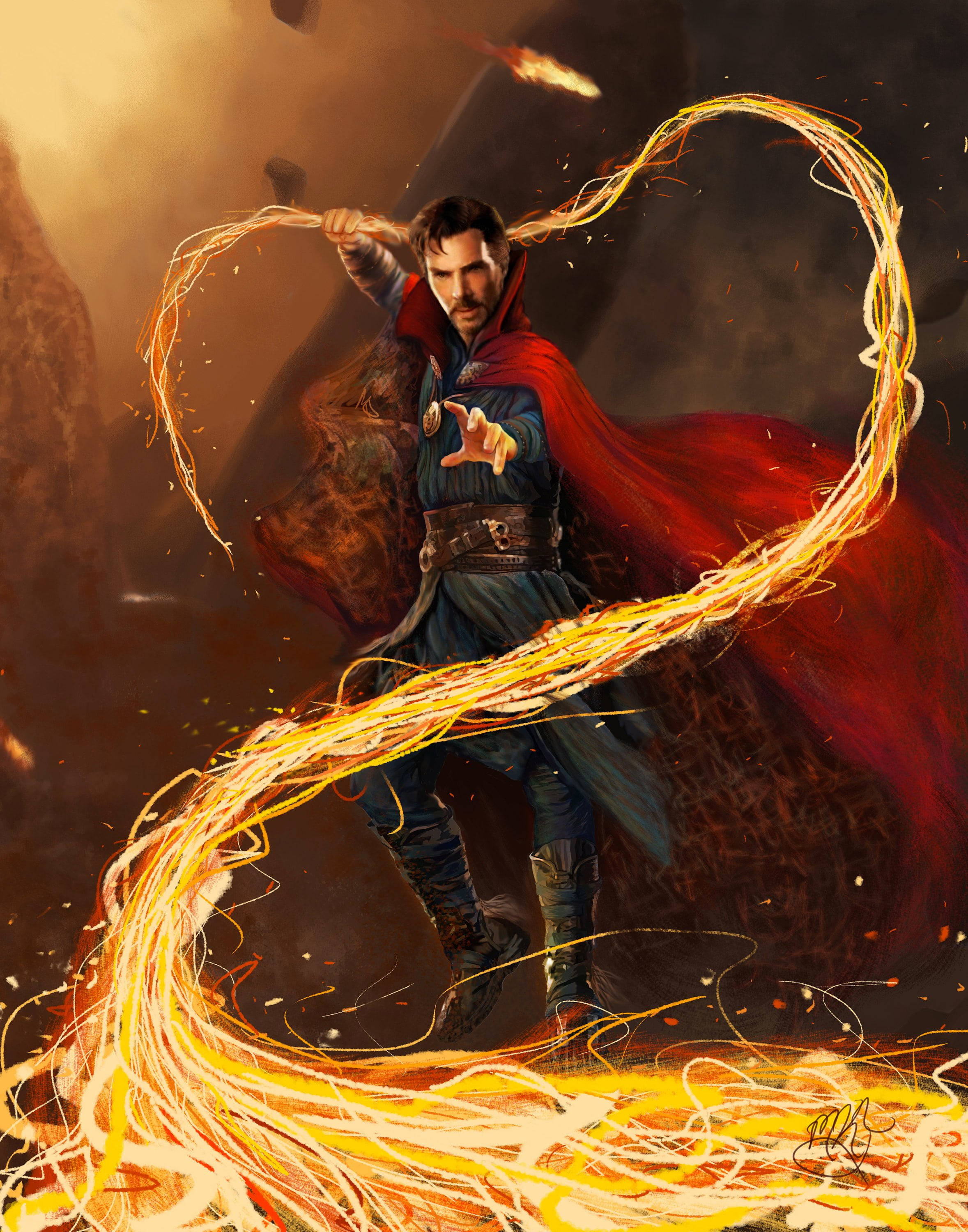 Dr Strange, whip powers, glowing golden energy, 2K Phone Wallpaper