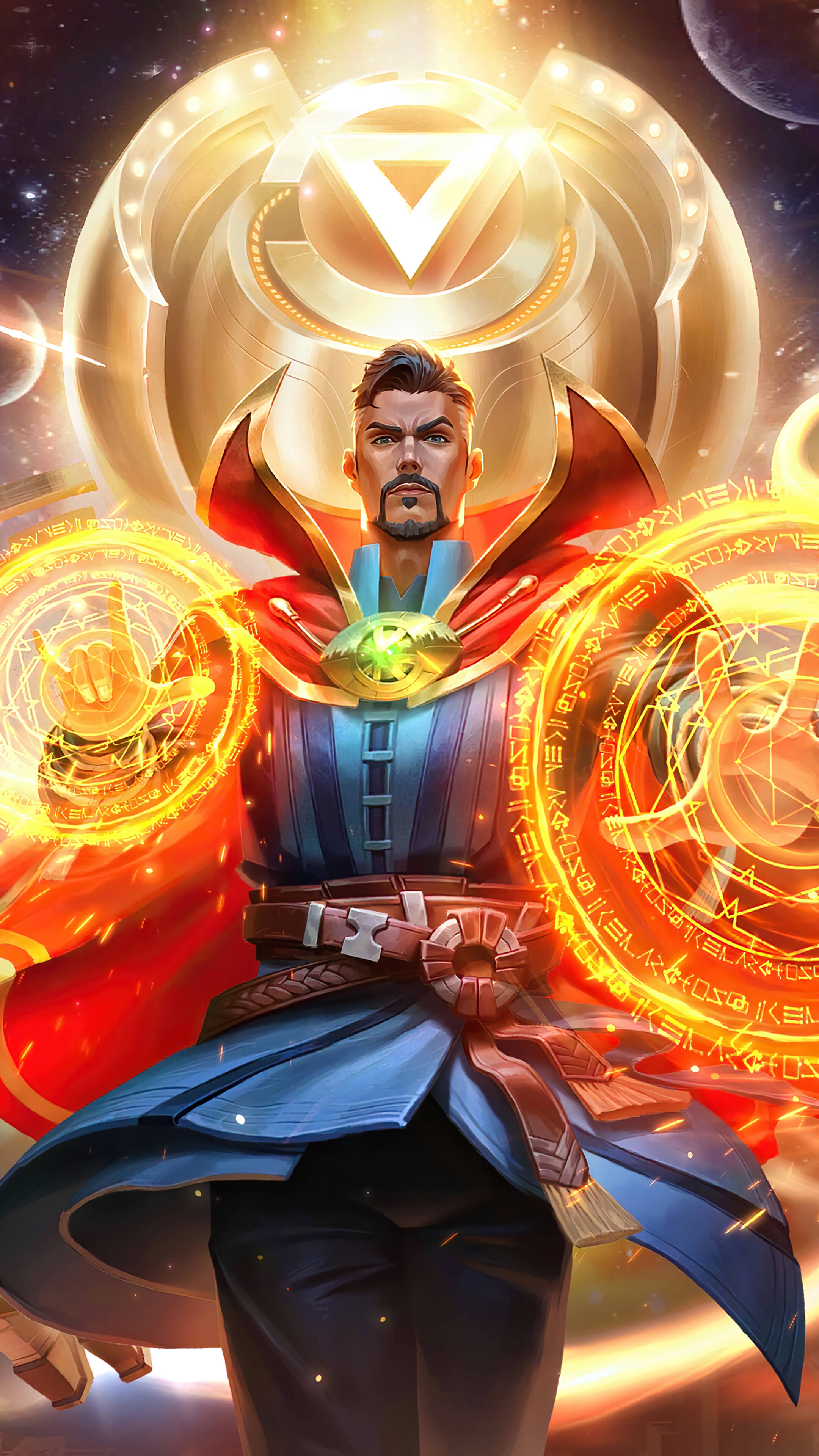 Dr Strange, cosmic armor, glowing mystical energy spheres, 4K Phone Wallpaper