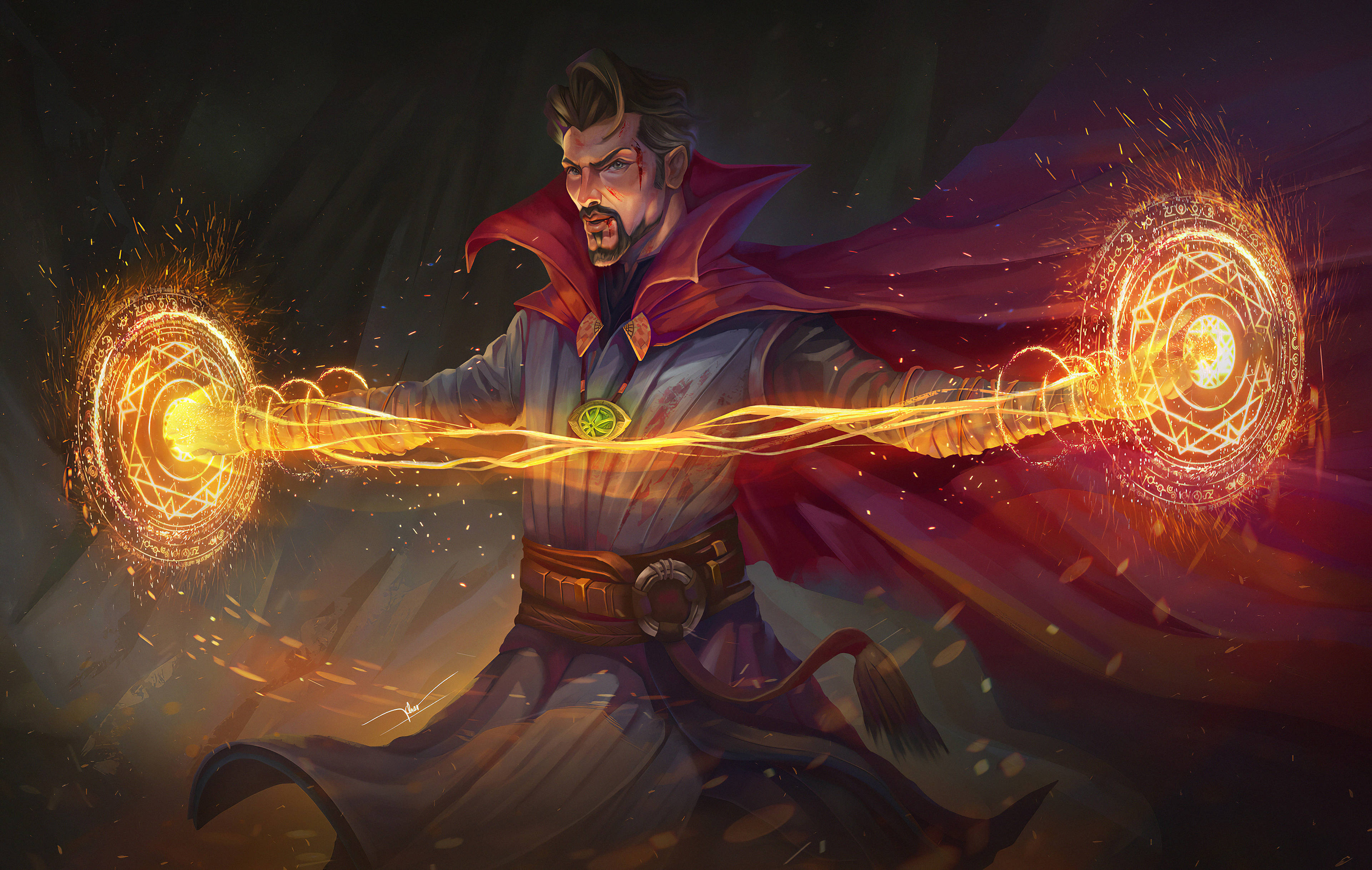 Dr Strange, glowing circular portals, golden mystical energy, 4K Desktop Wallpaper