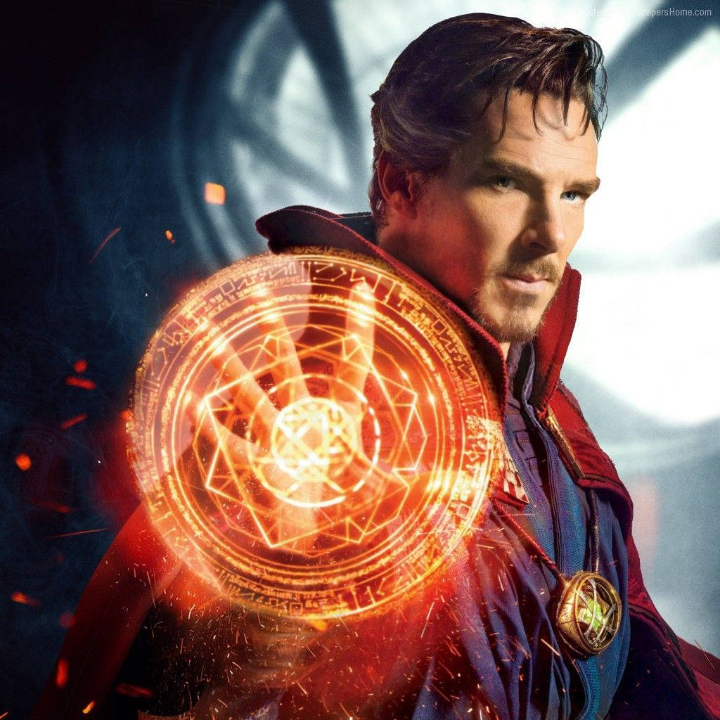 Dr Strange, glowing orange circular spell, intricate runes, SD Desktop Wallpaper