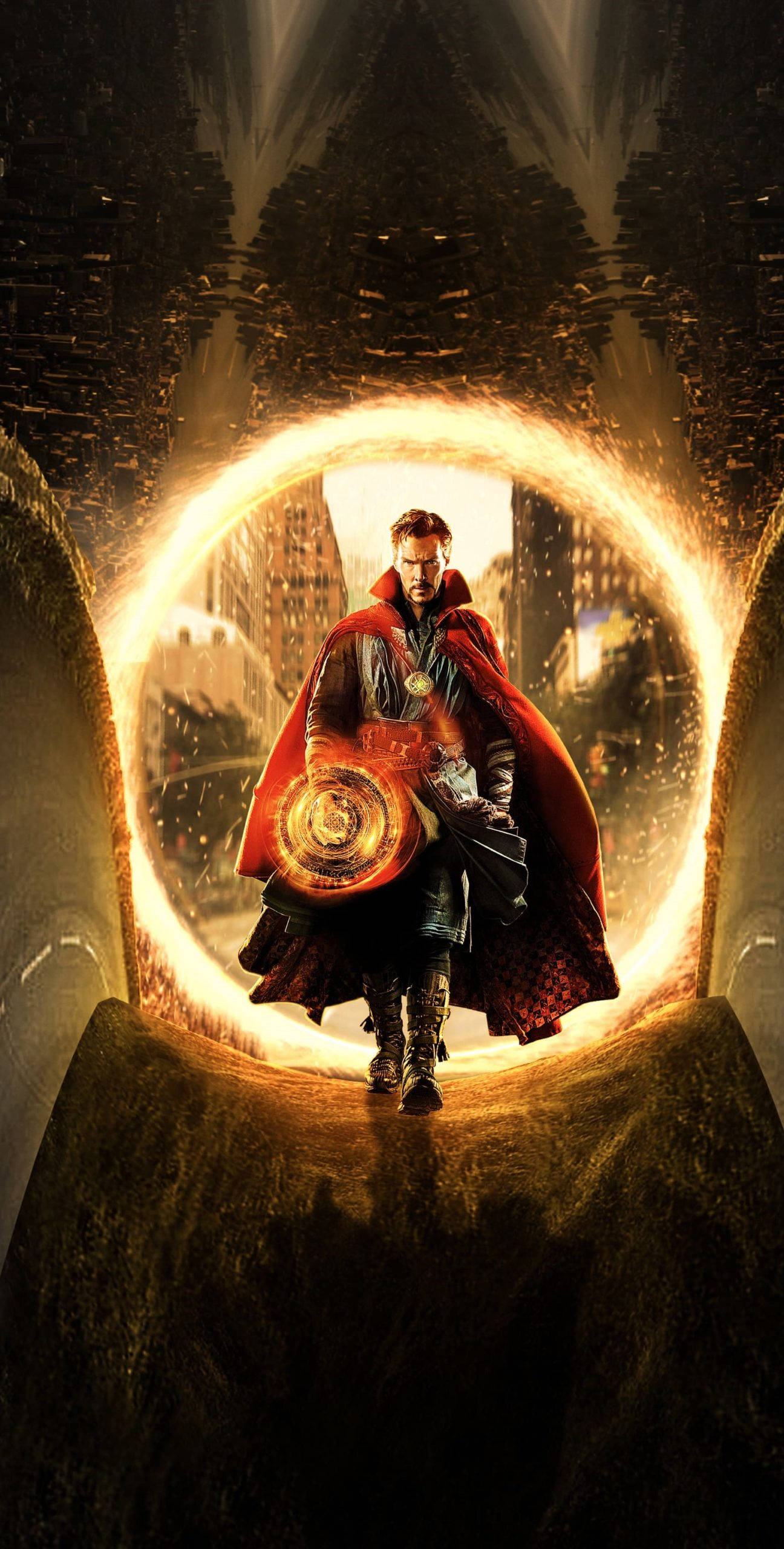 Dr Strange, flaming ring tunnel, glowing mystical portal, 2K Phone Wallpaper