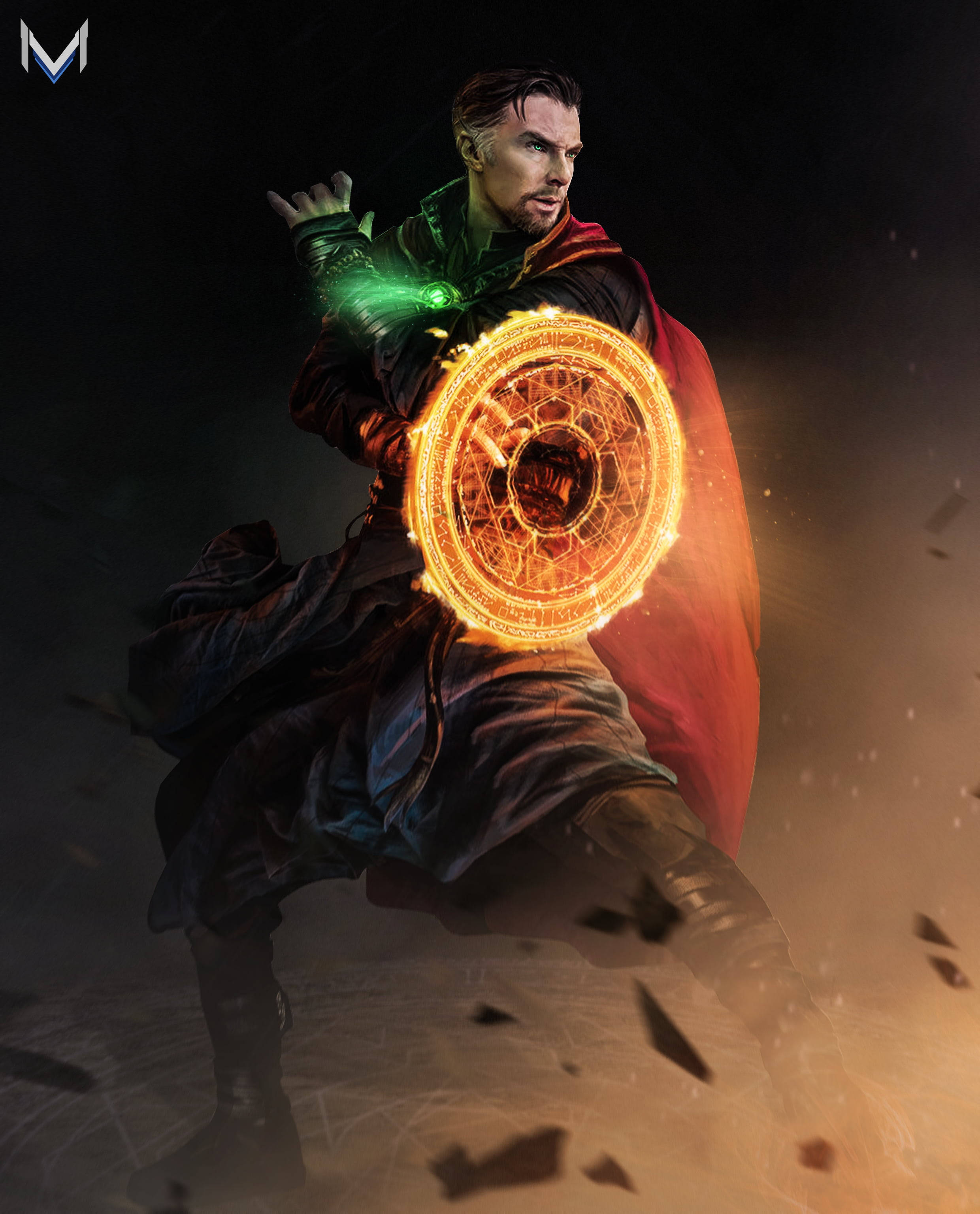 Dr Strange, dark robes, glowing green and orange mystical energy, 2K Phone Wallpaper