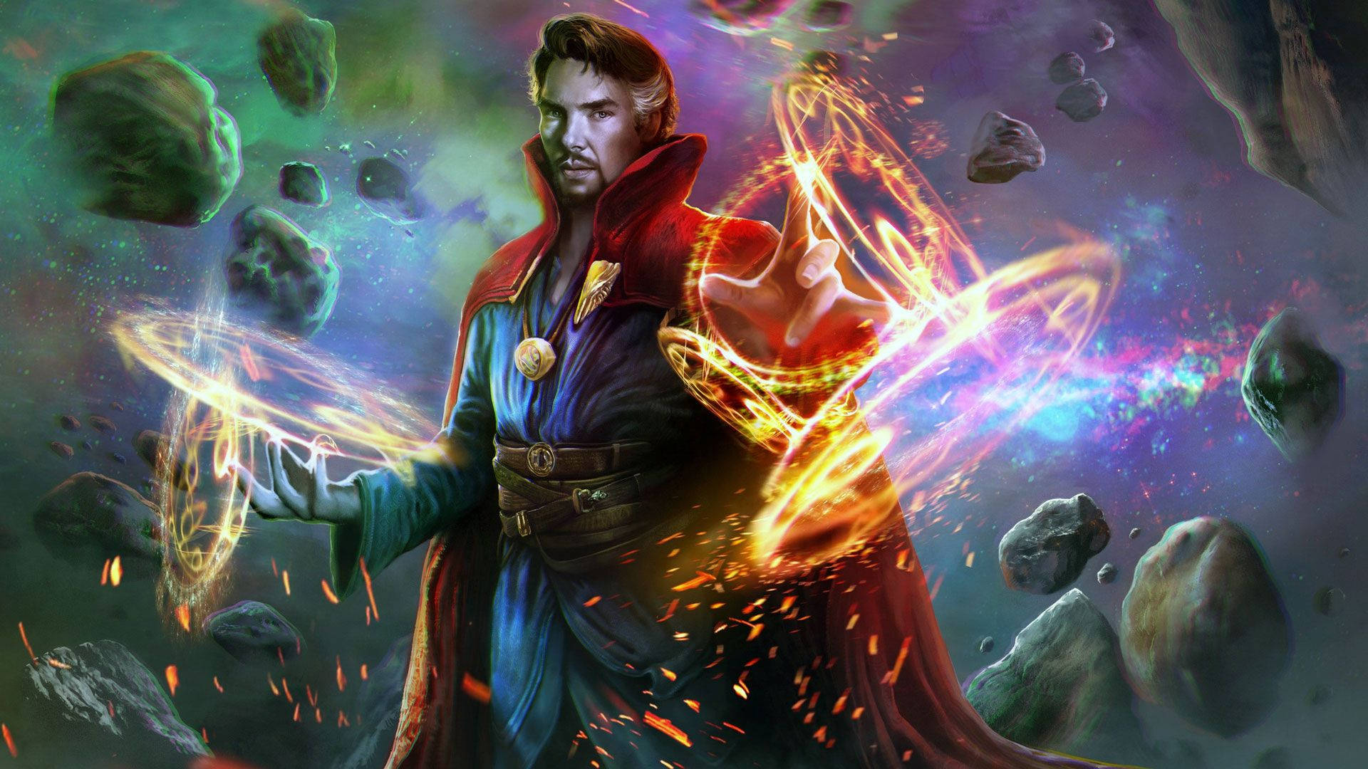 Dr Strange, glowing mystical energy, floating asteroids, Full HD Desktop Wallpaper