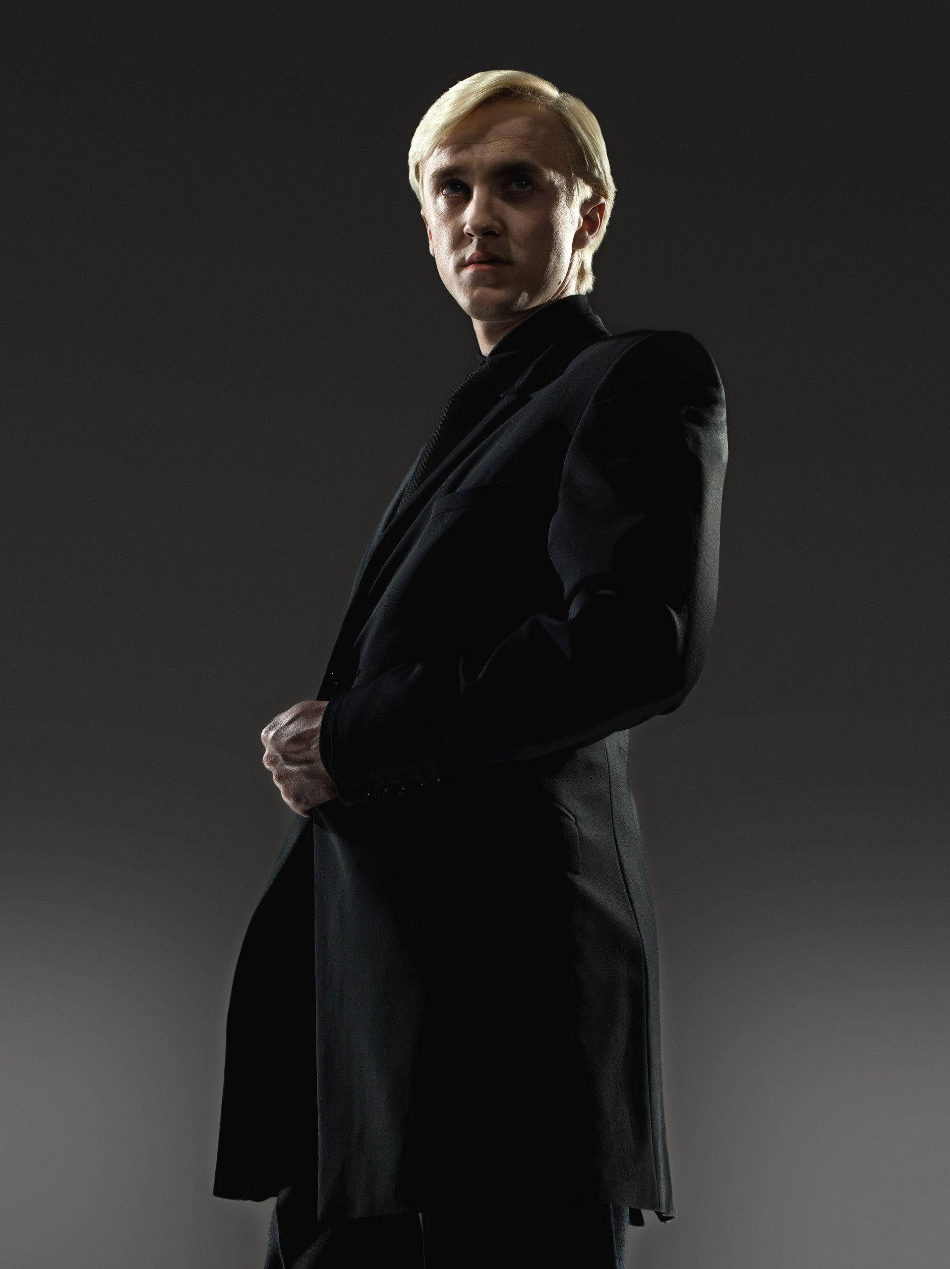 Draco Malfoy, platinum blonde hair, black coat, 2K Phone Wallpaper
