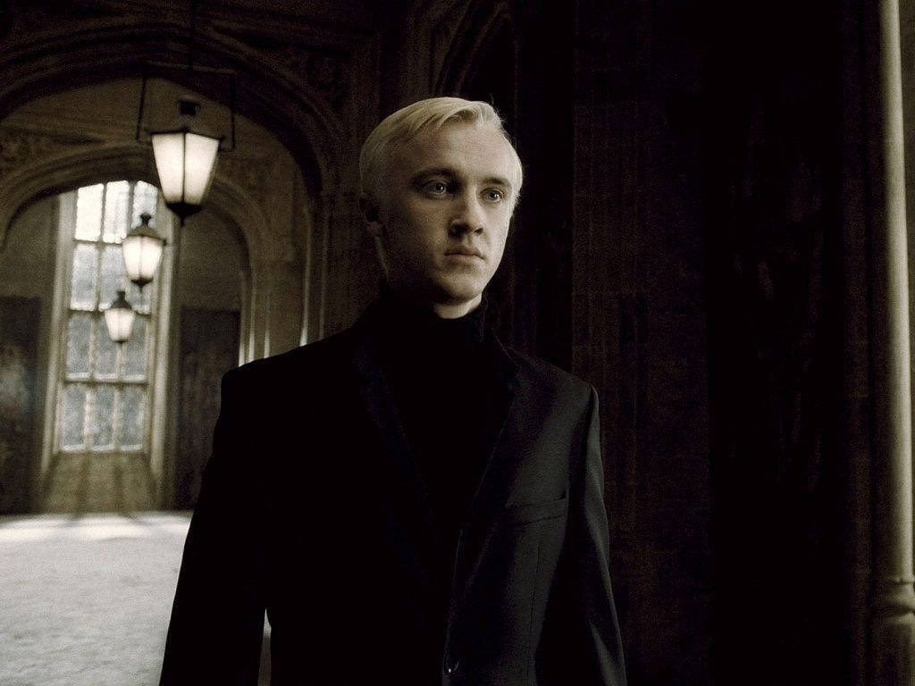 Draco Malfoy, black suit, dimly lit gothic hallway, SD Desktop Wallpaper