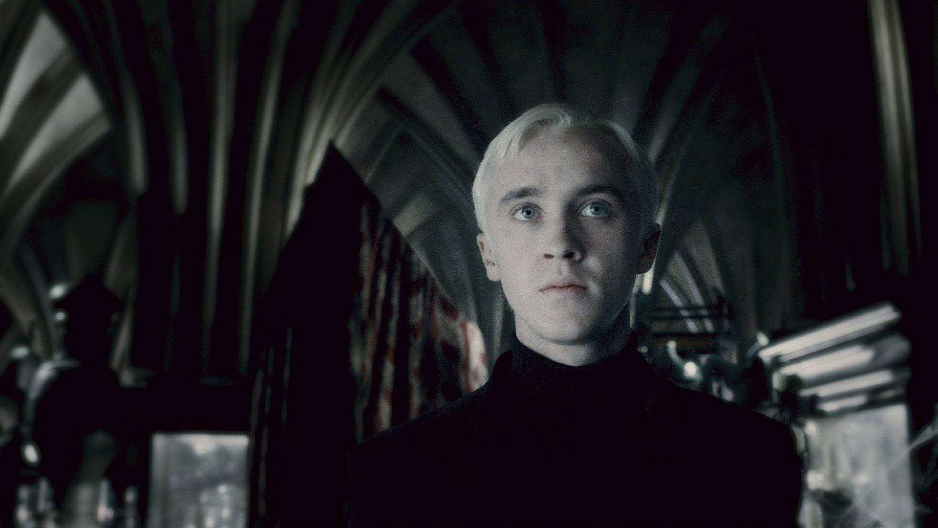 Draco Malfoy, platinum blonde hair, dimly lit gothic corridor, Full HD Desktop Wallpaper