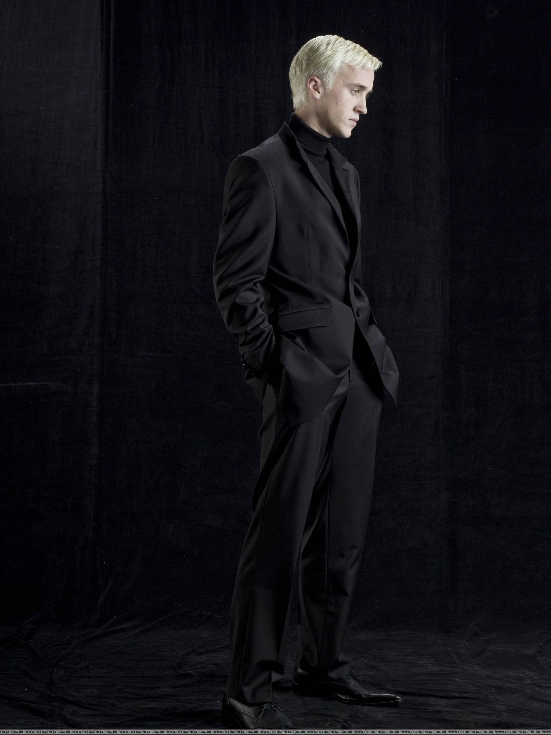 Draco Malfoy, platinum blonde hair, sleek black suit, 2K Phone Wallpaper