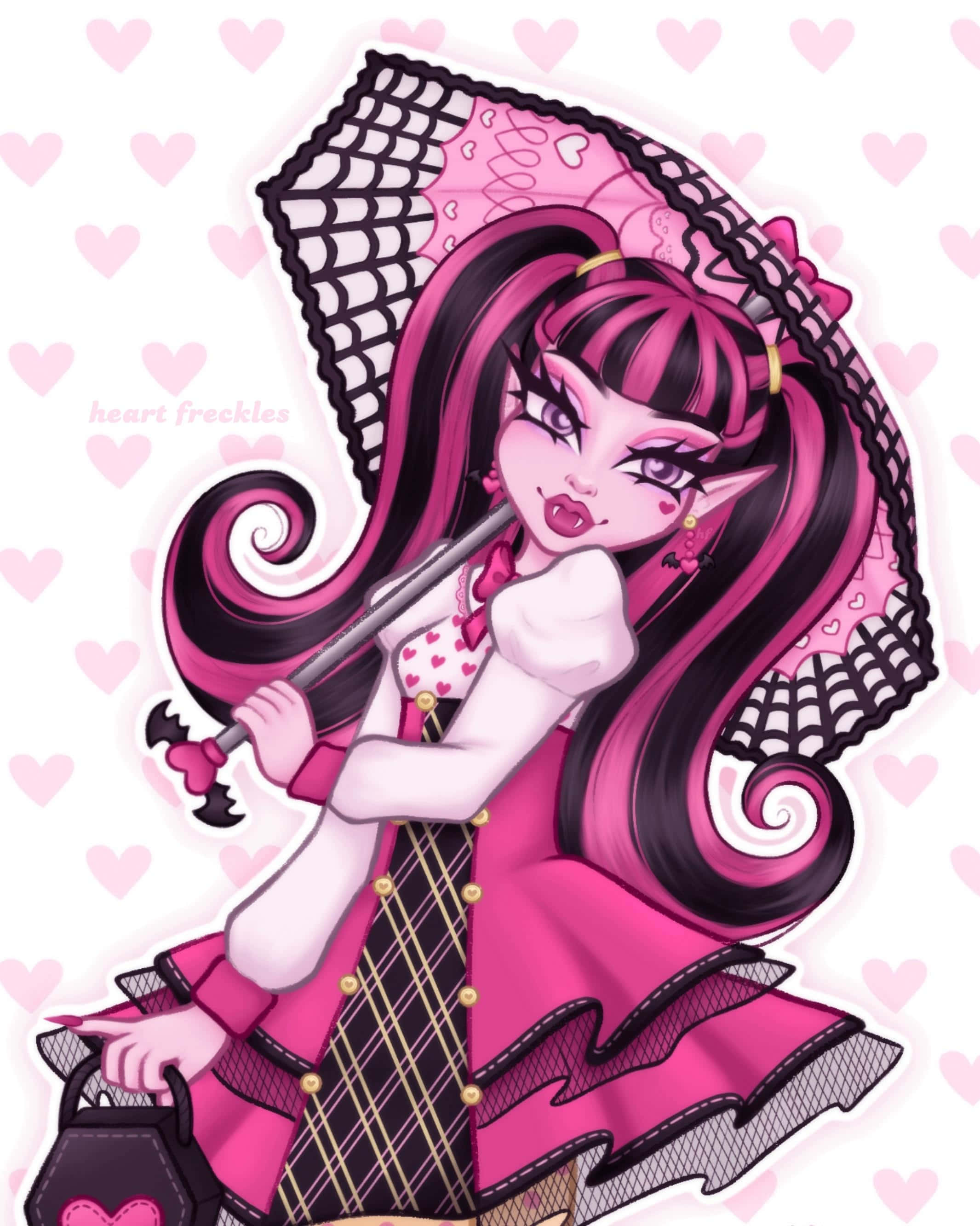 Draculaura, pink and black hair, lace parasol, 2K Phone Wallpaper