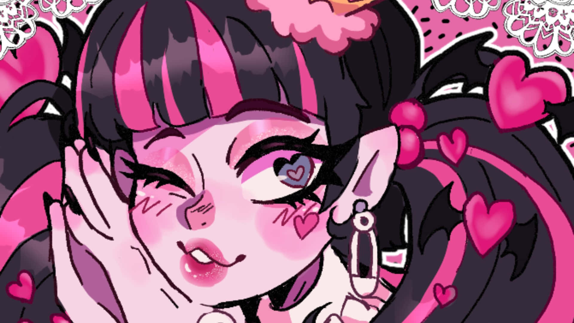 Draculaura, pink and black hair, floating pink hearts, Full HD Desktop Wallpaper
