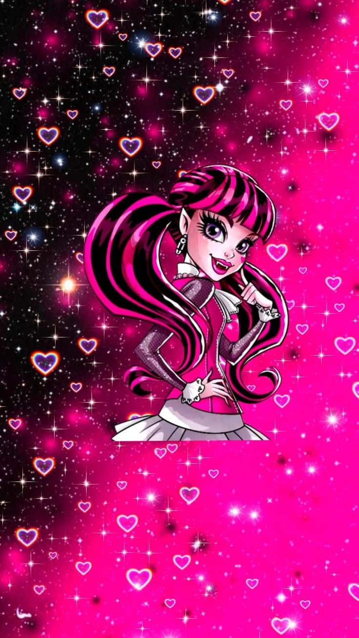 Draculaura, pink and black hair, sparkling pink and black background, HD Phone Wallpaper