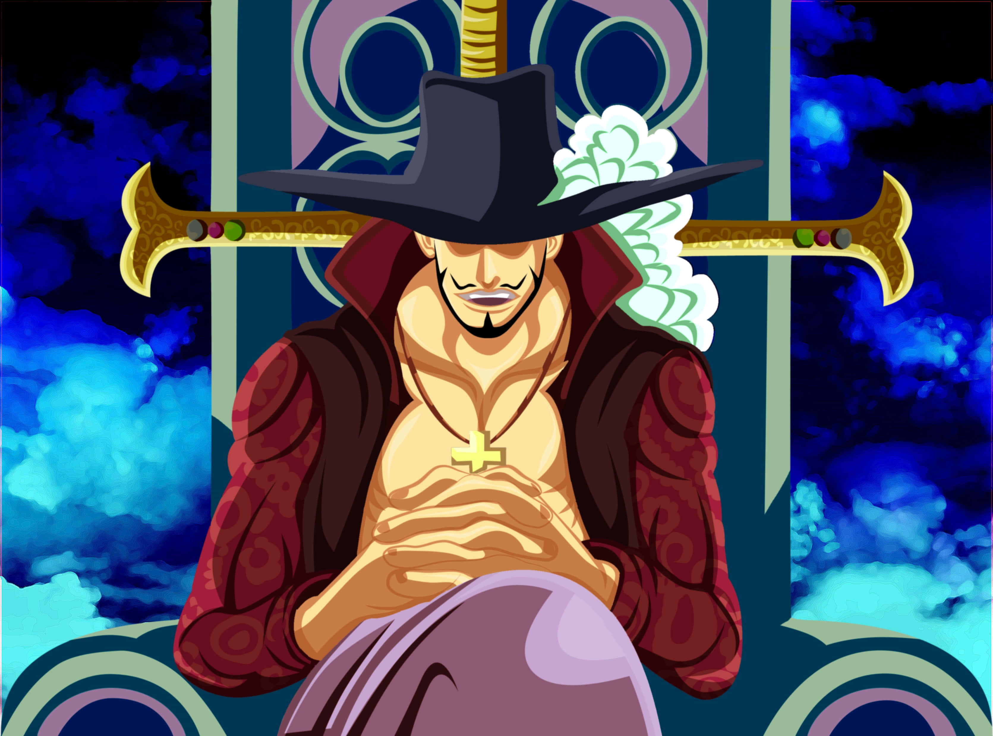 Dracule Mihawk, black hat, gold cross, 2K Desktop Wallpaper