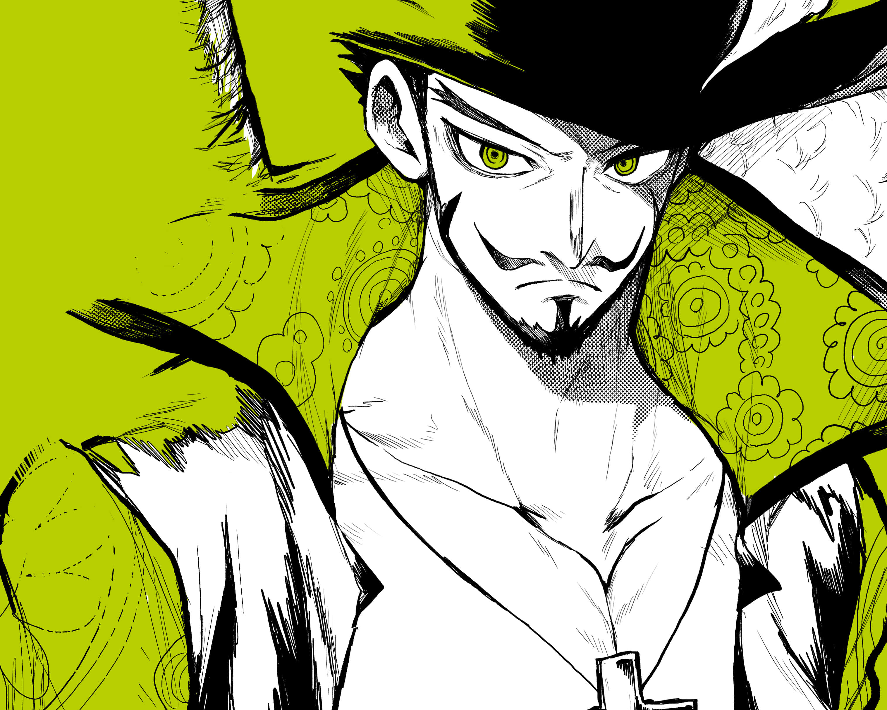 Dracule Mihawk, green eyes, black hat, 2K Desktop Wallpaper