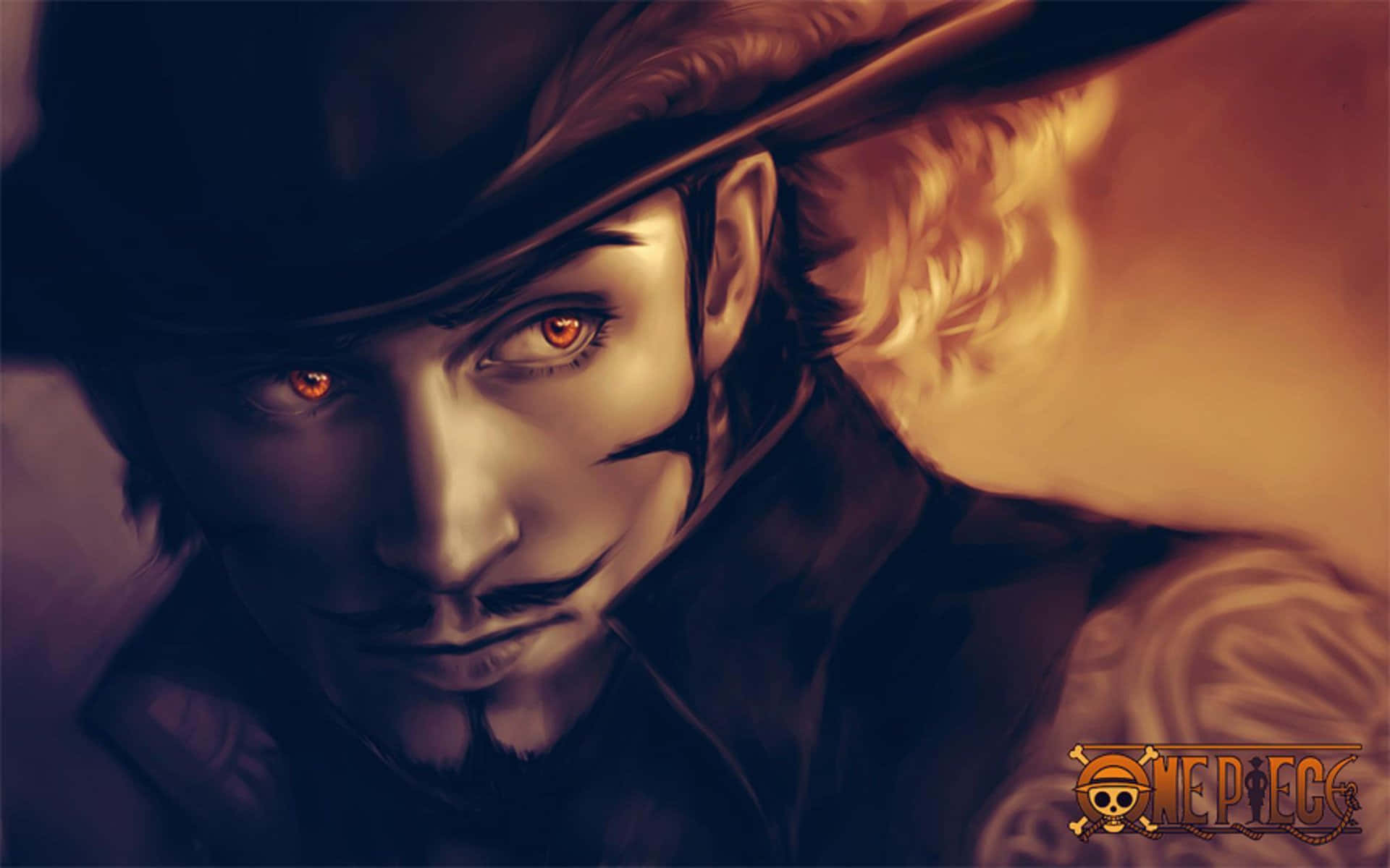 Dracule Mihawk, glowing orange eyes, hat, Full HD Desktop Wallpaper