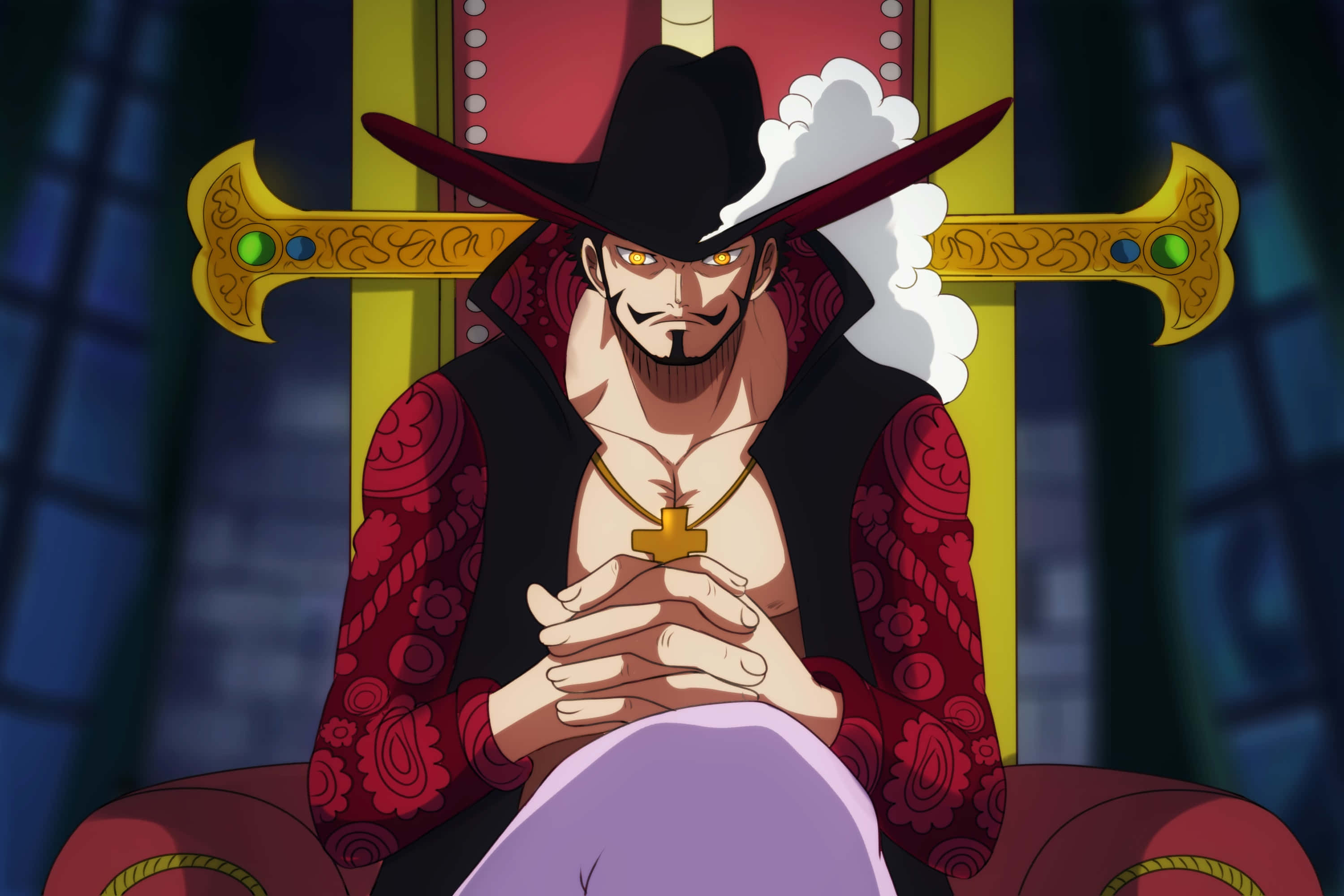 Dracule Mihawk, golden throne, glowing yellow eyes, 2K Desktop Wallpaper