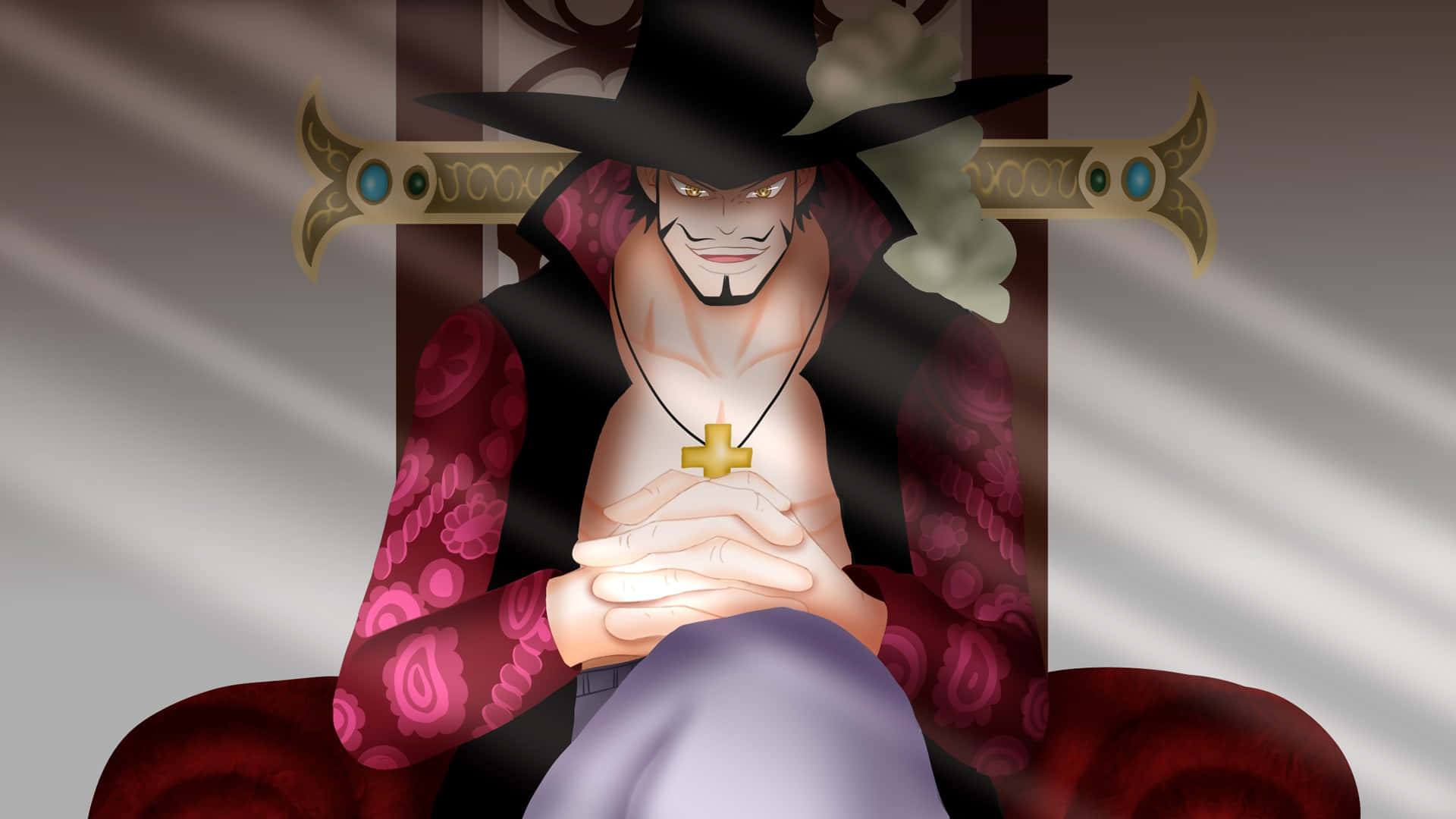 Dracule Mihawk, black hat, red patterned coat, Full HD Desktop Wallpaper