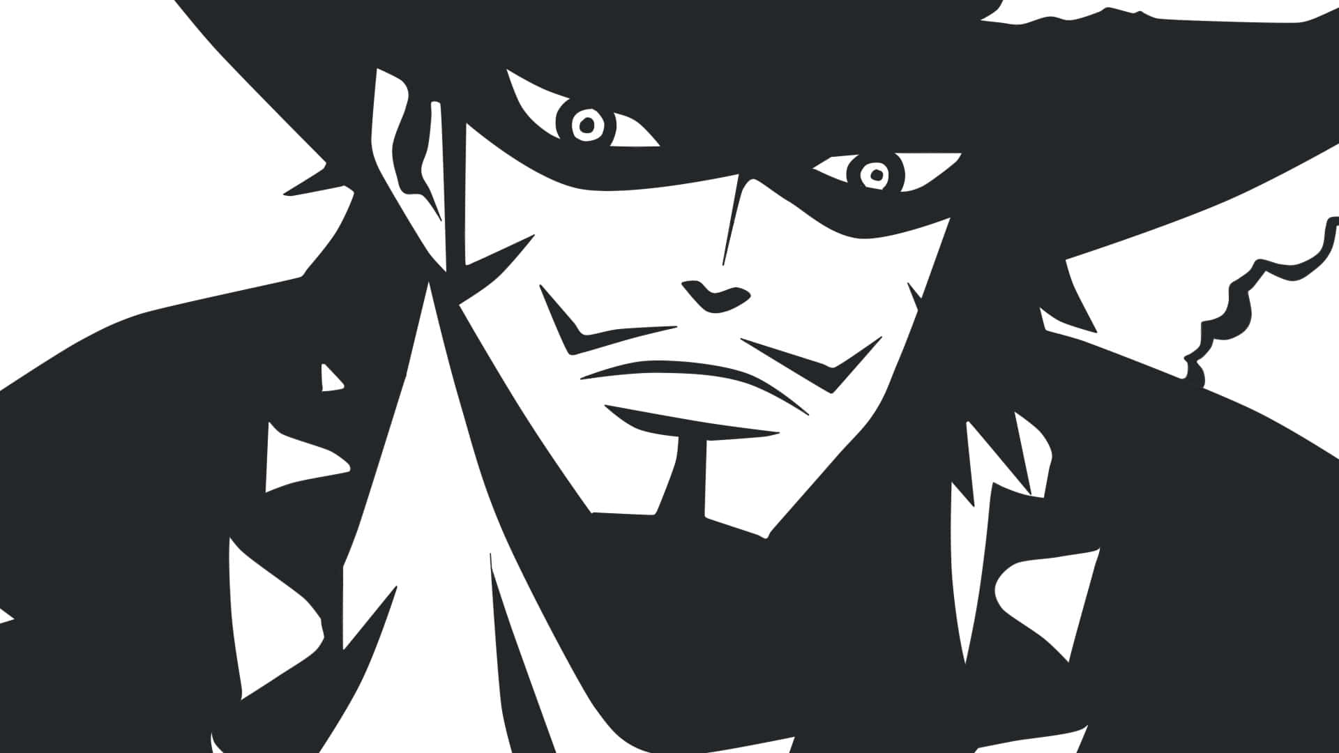 Dracule Mihawk, black and white stylized anime character, wide-brimmed hat, Full HD Desktop Wallpaper