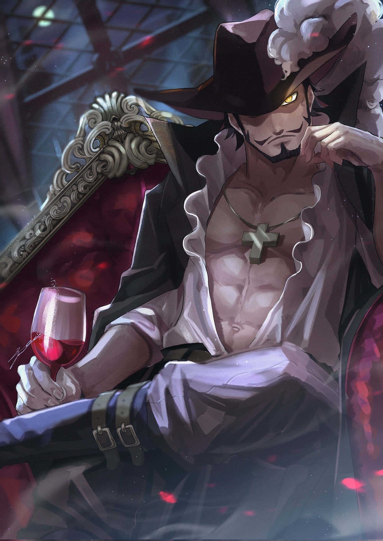 Dracule Mihawk, cross necklace, ornate throne, Full HD Phone Wallpaper