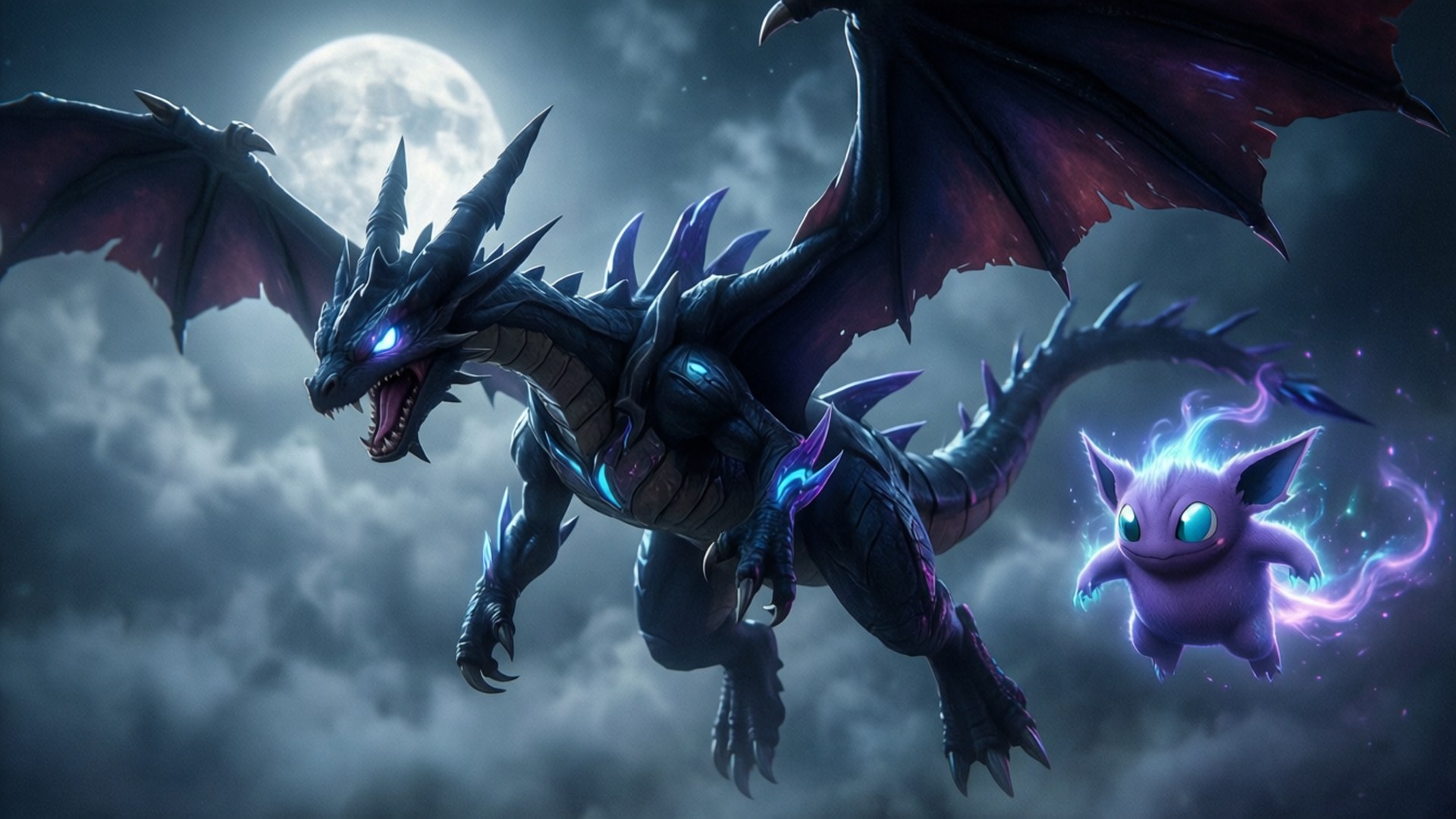 Dragapult, full moon, stormy clouds, Full HD Desktop Wallpaper