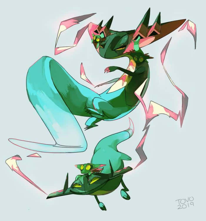 Dragapult, green, pink energy shards, SD Phone Wallpaper
