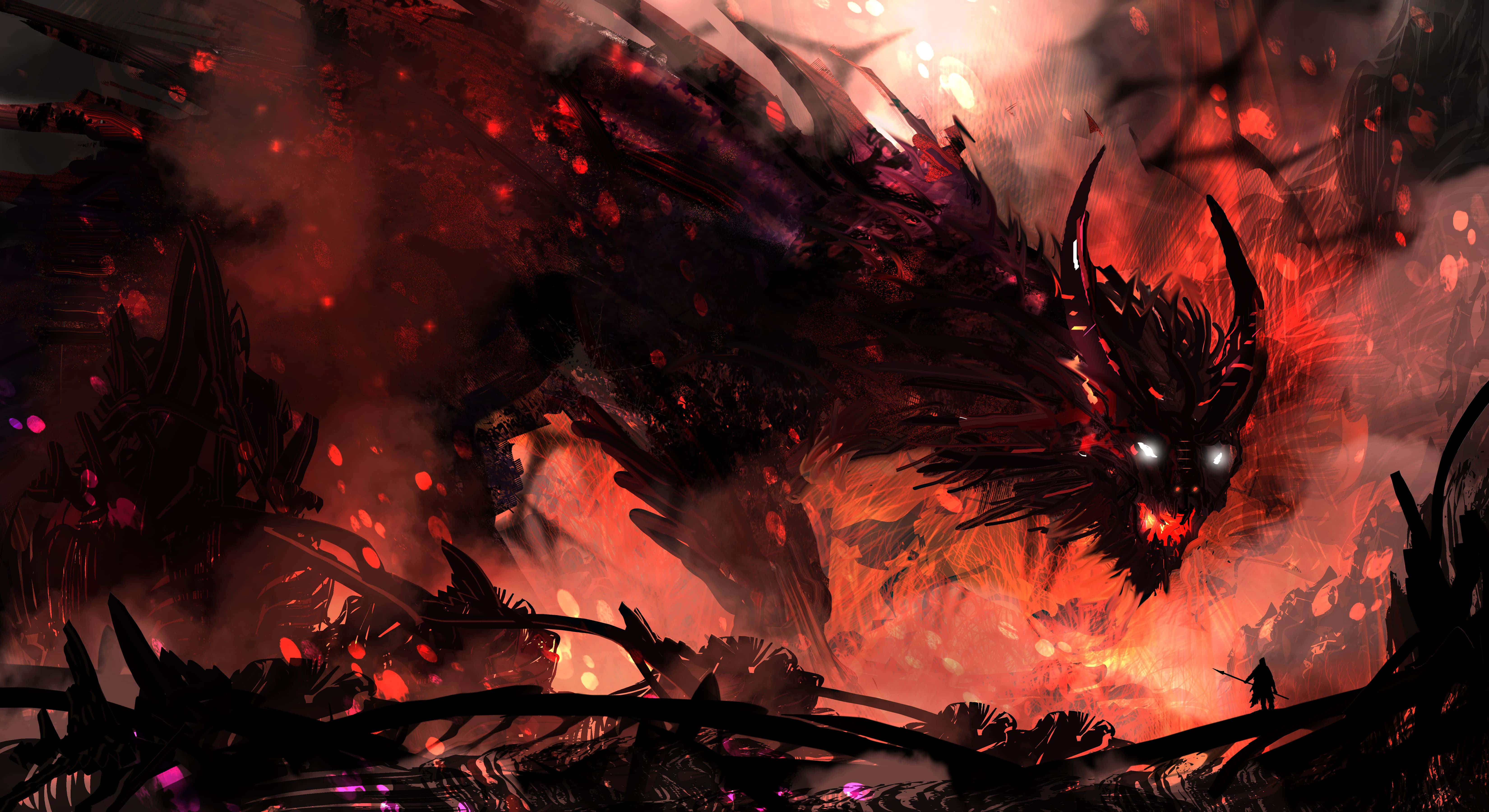 mythical dragon, red and black body, glowing eyes, 5K Desktop Wallpaper