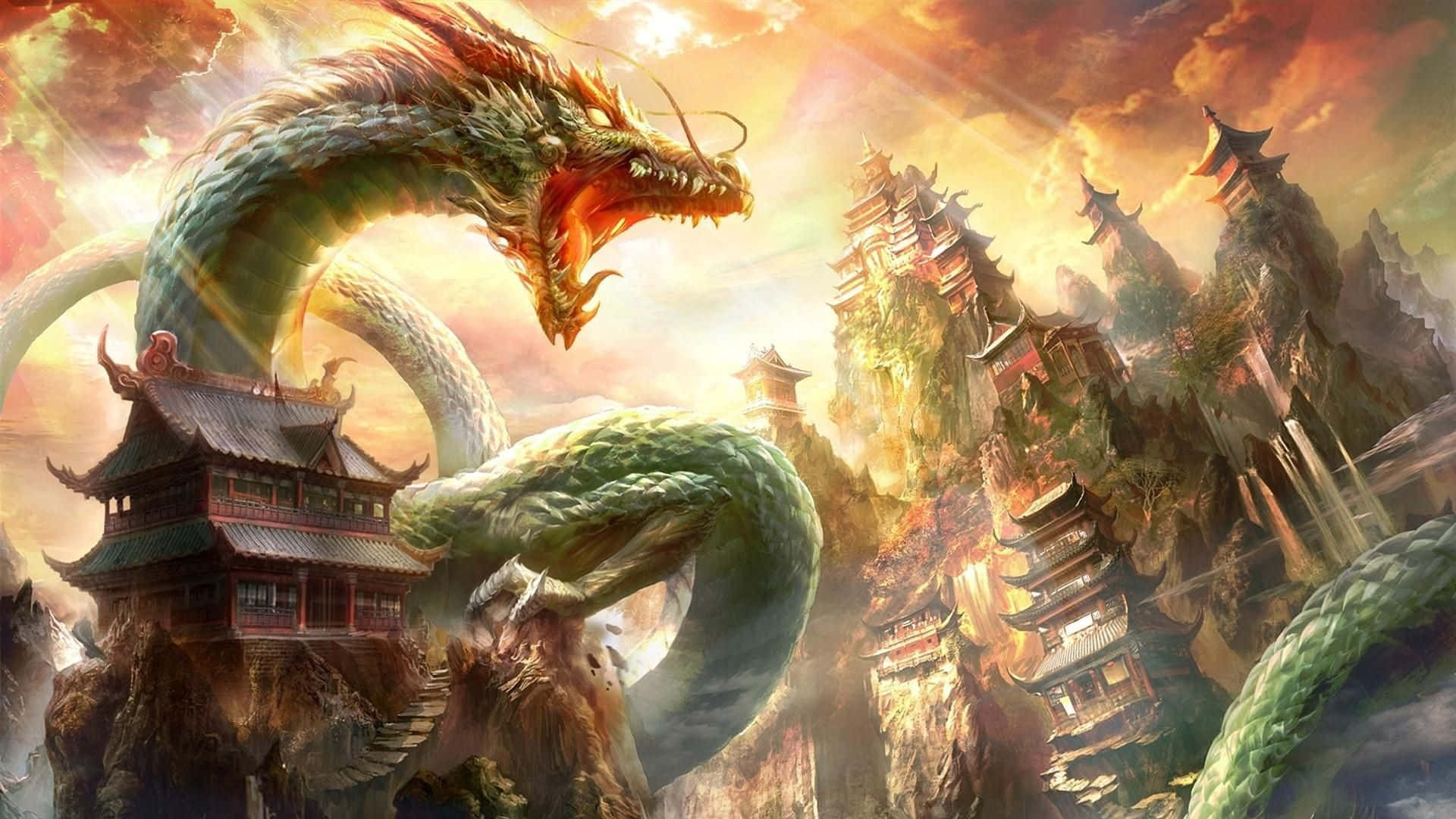 colossal green dragon, ancient Chinese pagodas, cliffs, Full HD Desktop Wallpaper