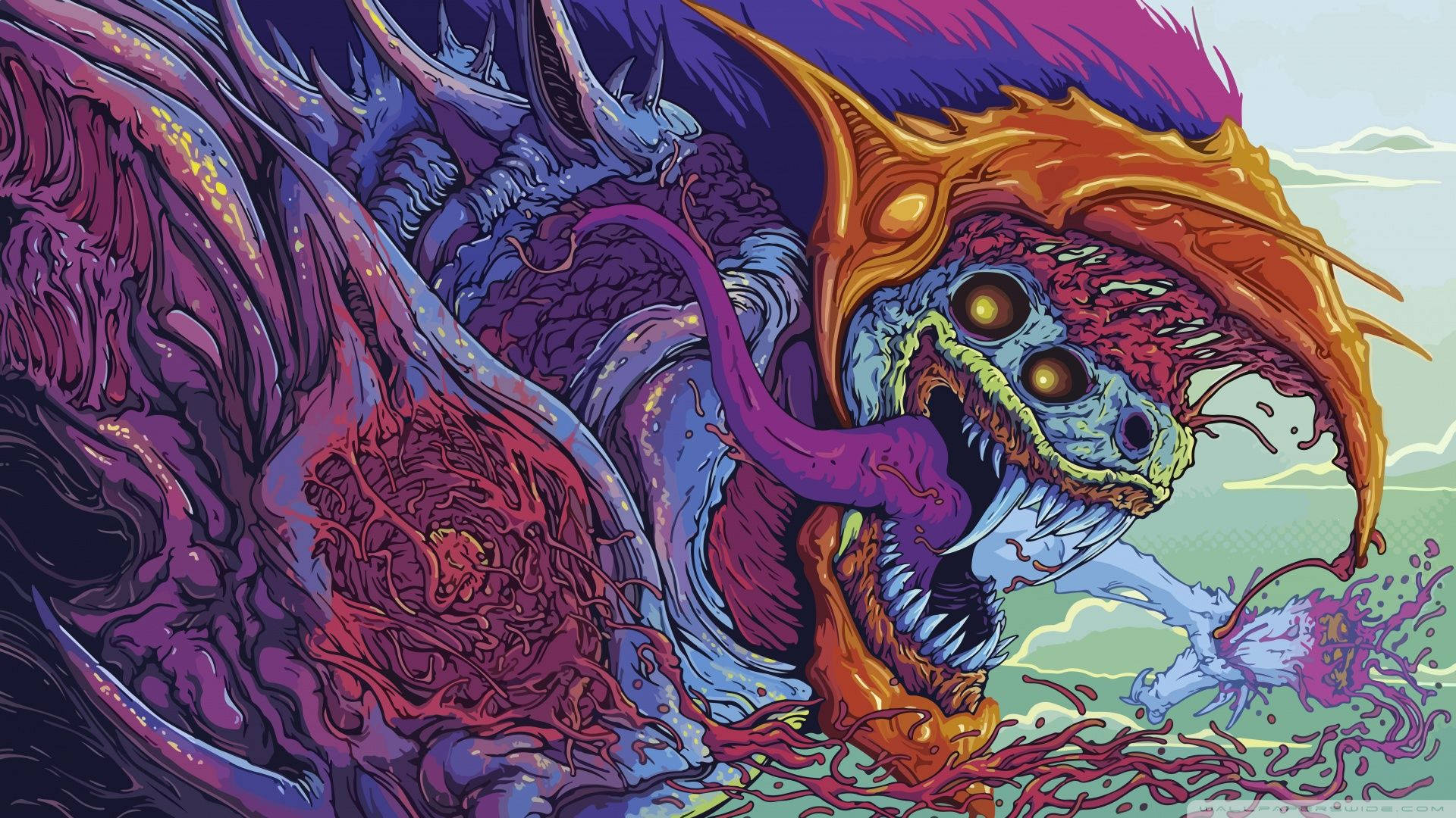 colorful scary dragon art, multi-headed creature, glowing eyes, Full HD Desktop Wallpaper