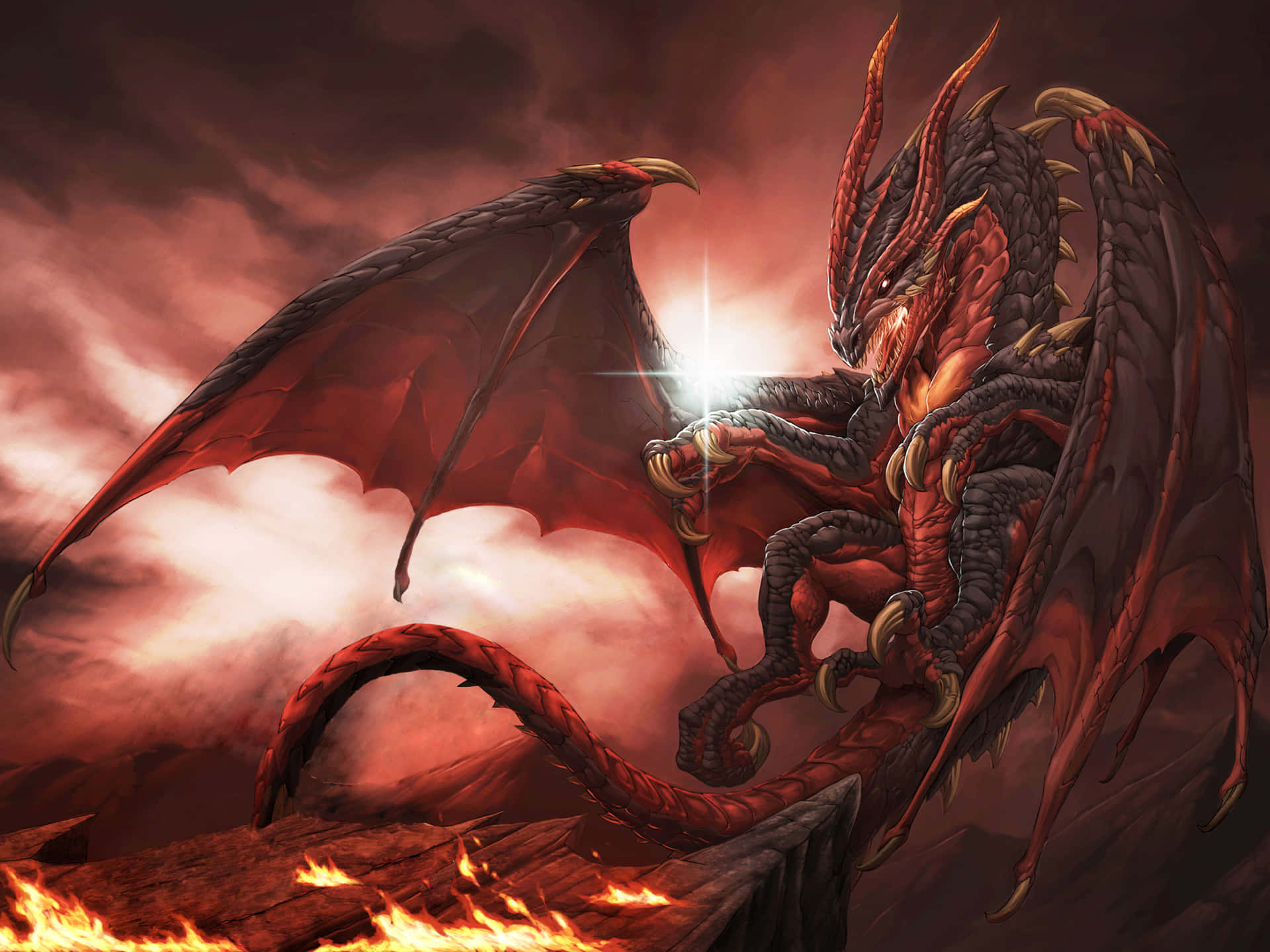 menacing red dragon, glowing eyes, spiked wings, Full HD Desktop Wallpaper