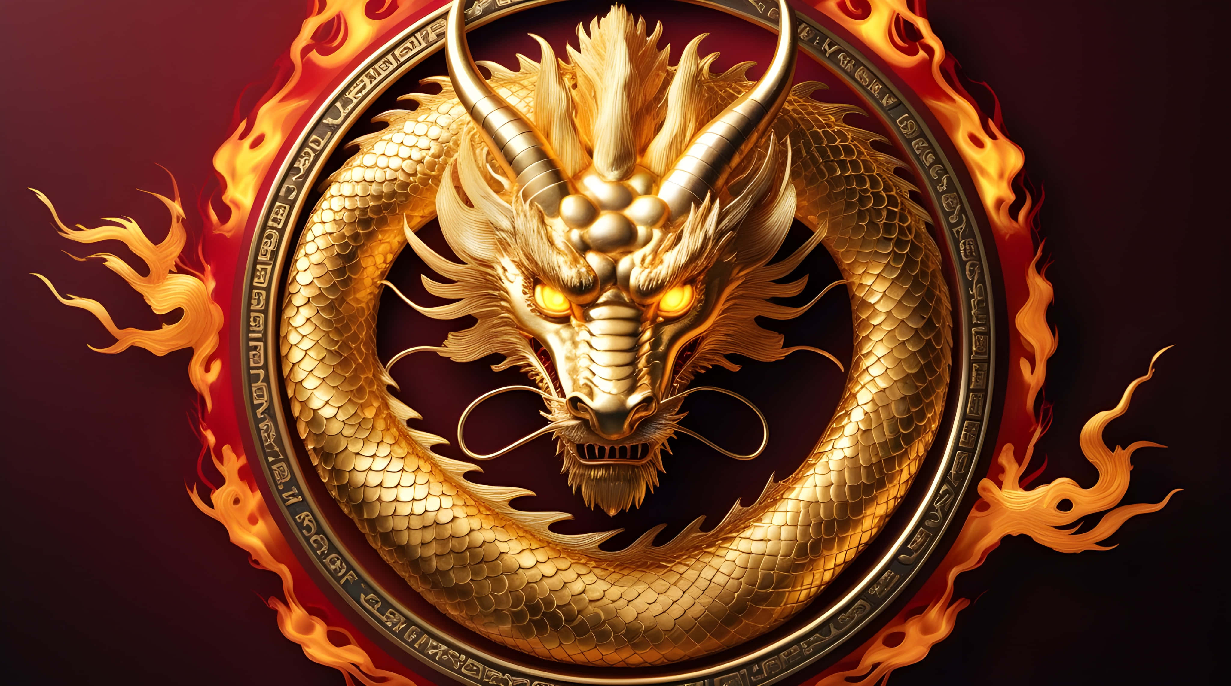 golden dragon, glowing eyes, fiery circular frame, 4K Desktop Wallpaper