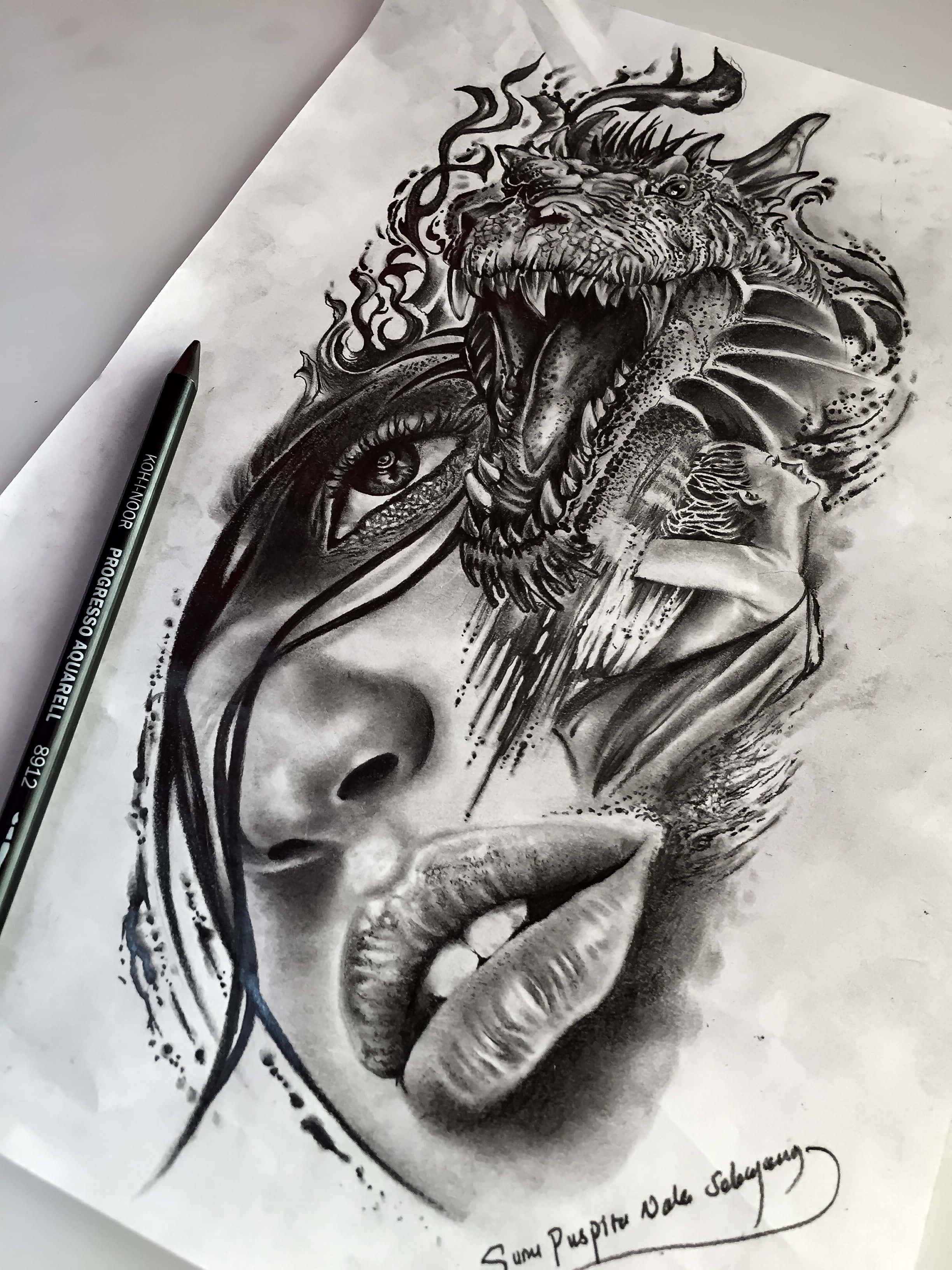 dragon emerging from woman, hyperrealistic black and white drawing, woman's face, 2K Phone Wallpaper