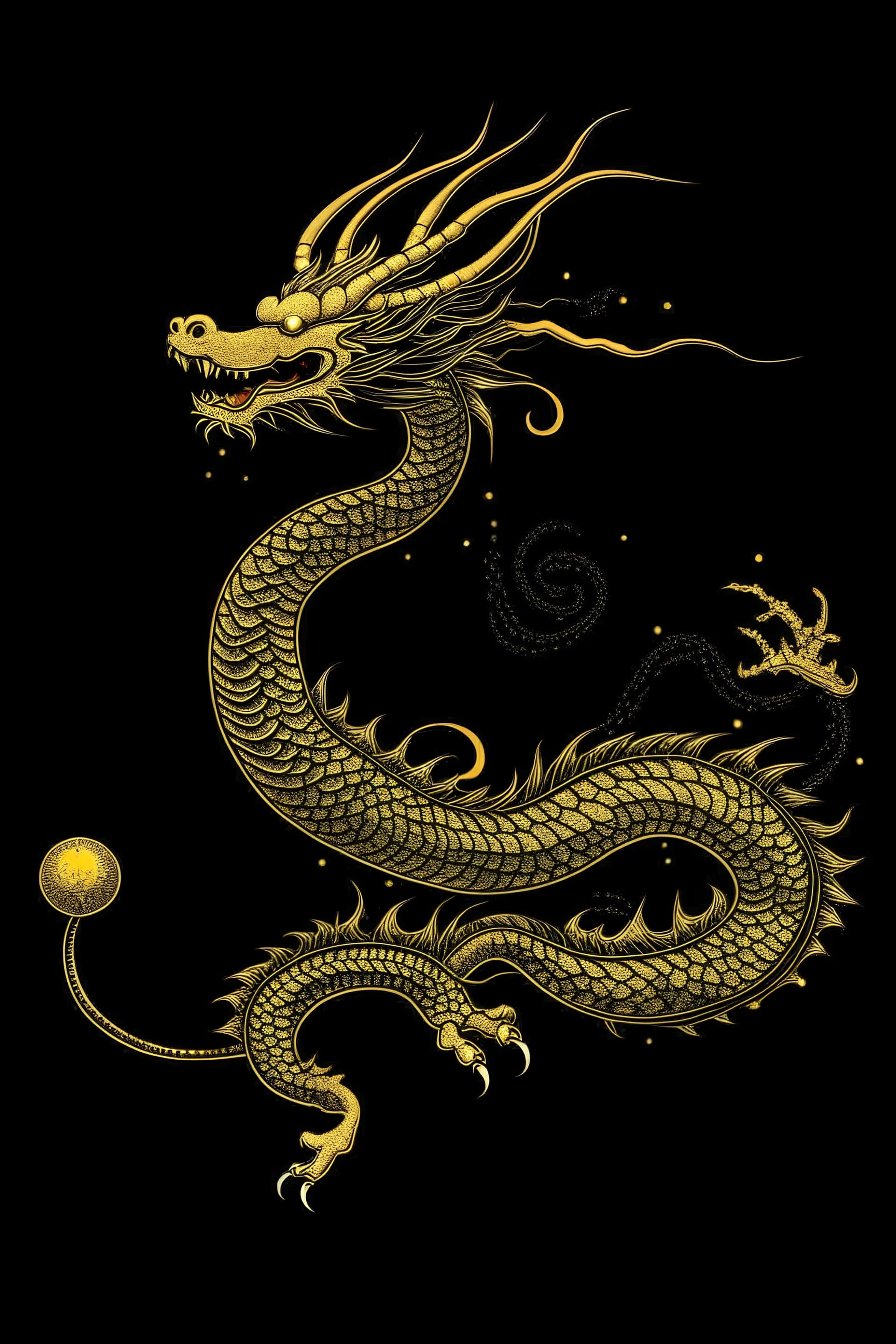 golden dragon, intricate scales, flowing mane, 2K Phone Wallpaper