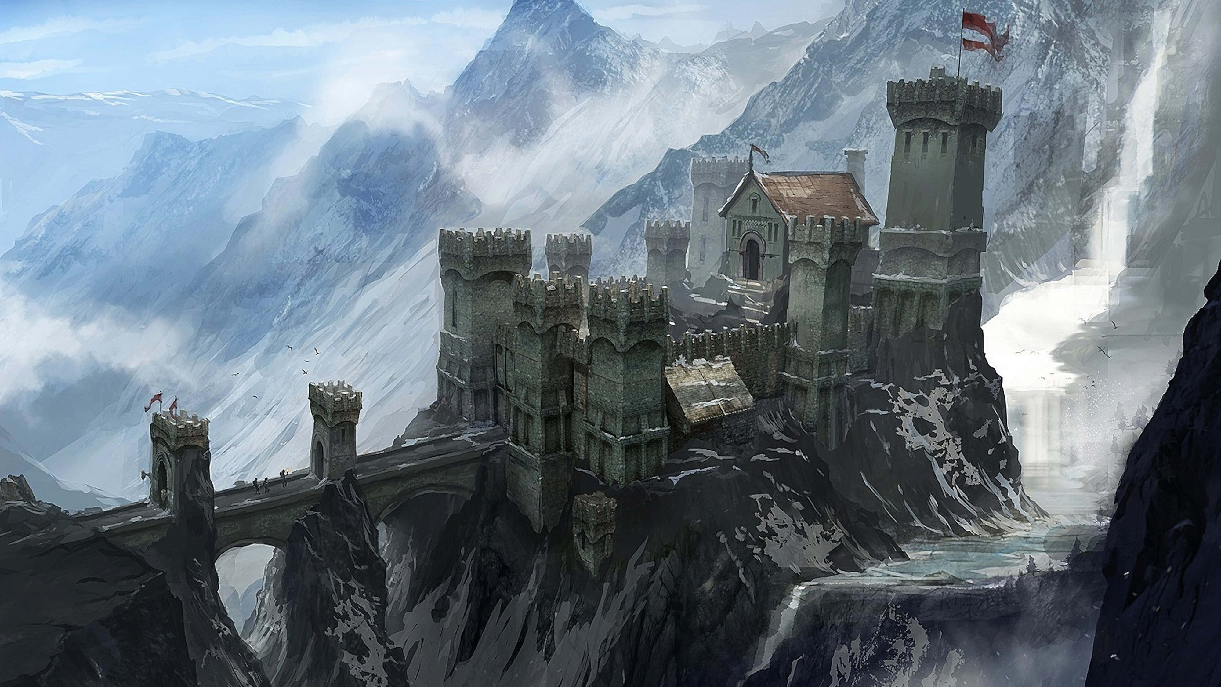 Dragon Age 4K, stone castle, snowy mountain cliff, 4K Desktop Wallpaper