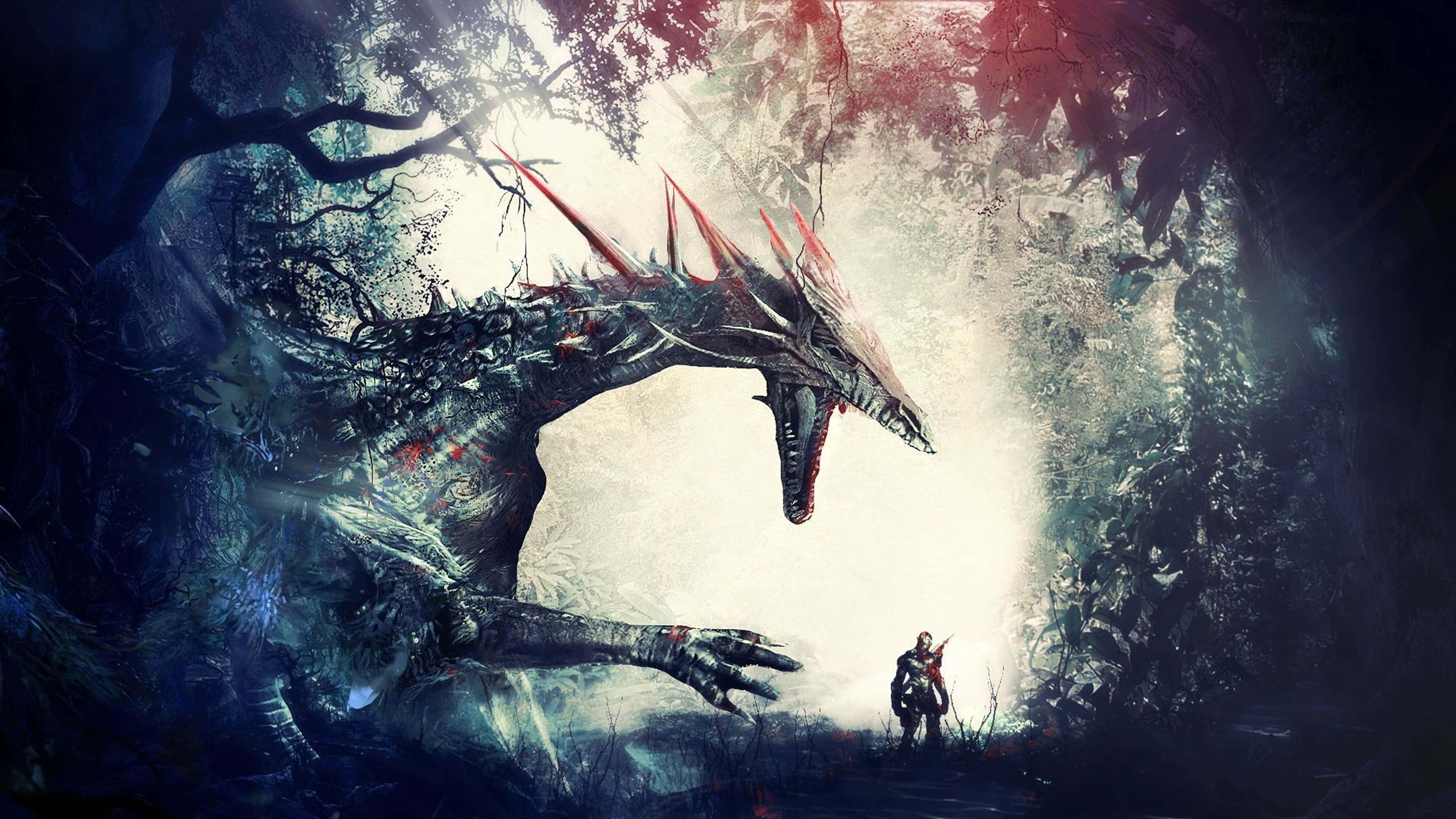 Dragon Age 4K, lone warrior, colossal spiky dragon, 4K Desktop Wallpaper