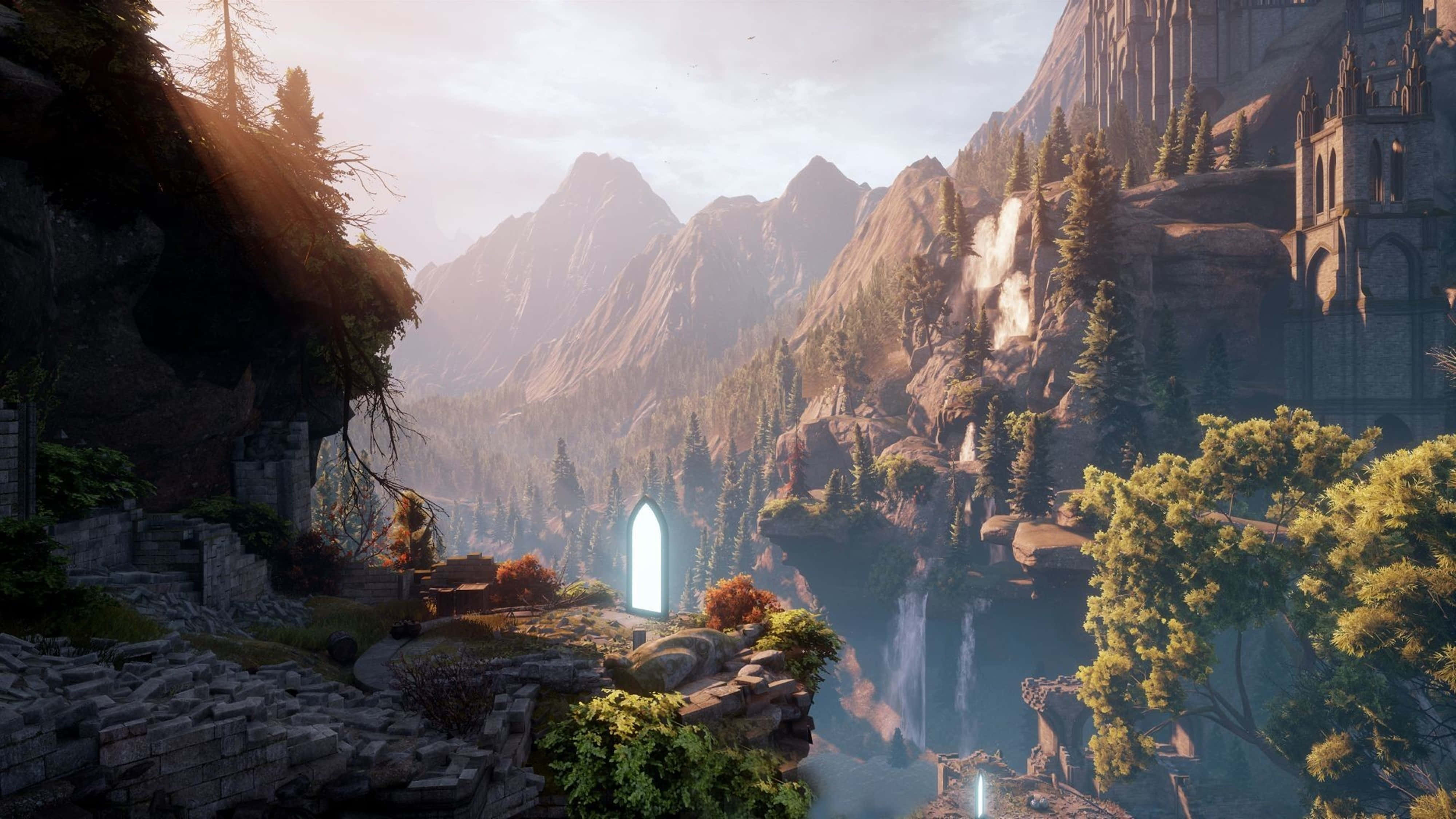 Dragon Age 4K, glowing arched doorway, misty mountain valley, 4K Desktop Wallpaper