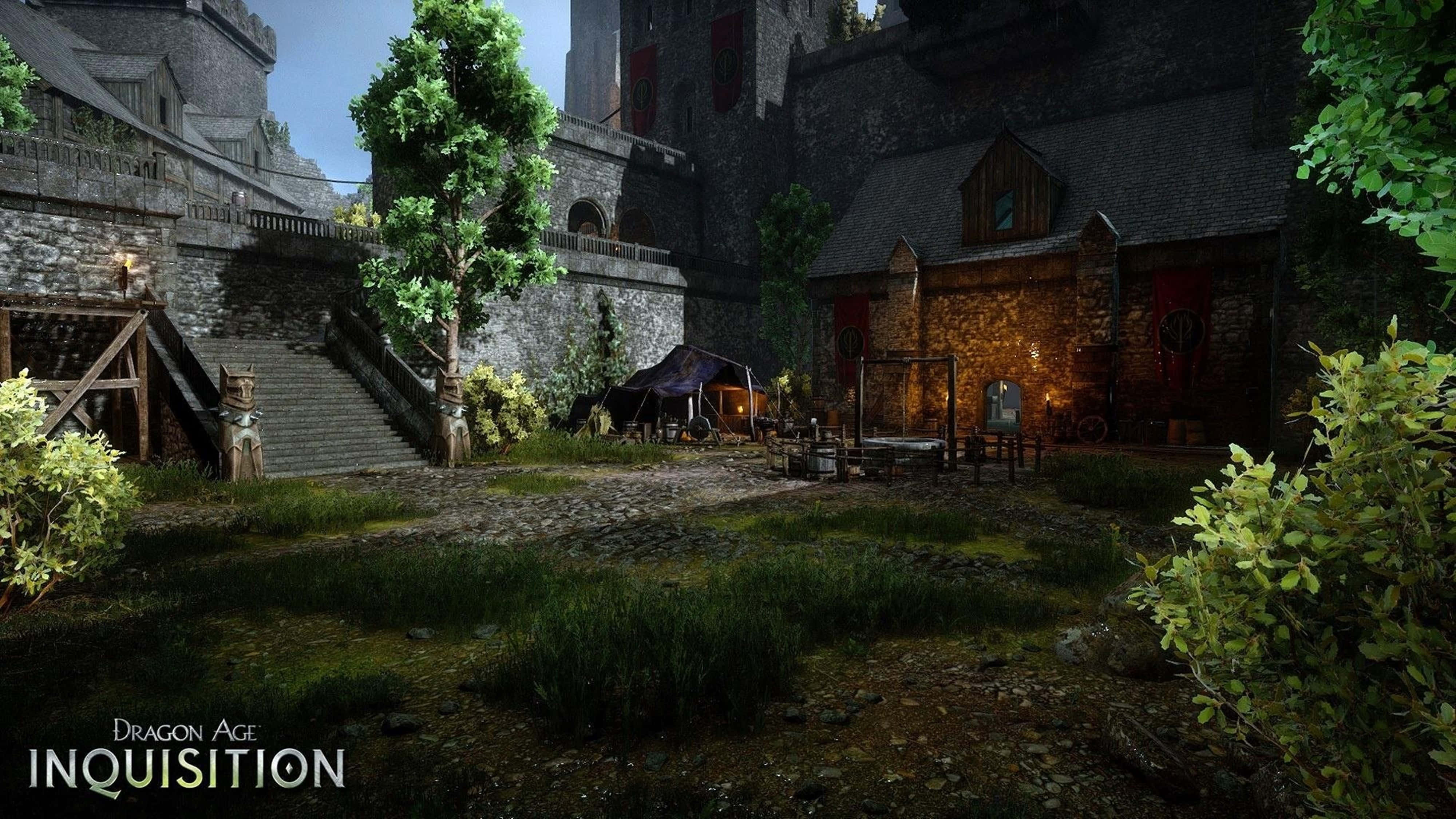 Dragon Age 4K, medieval courtyard, stone buildings, 4K Desktop Wallpaper