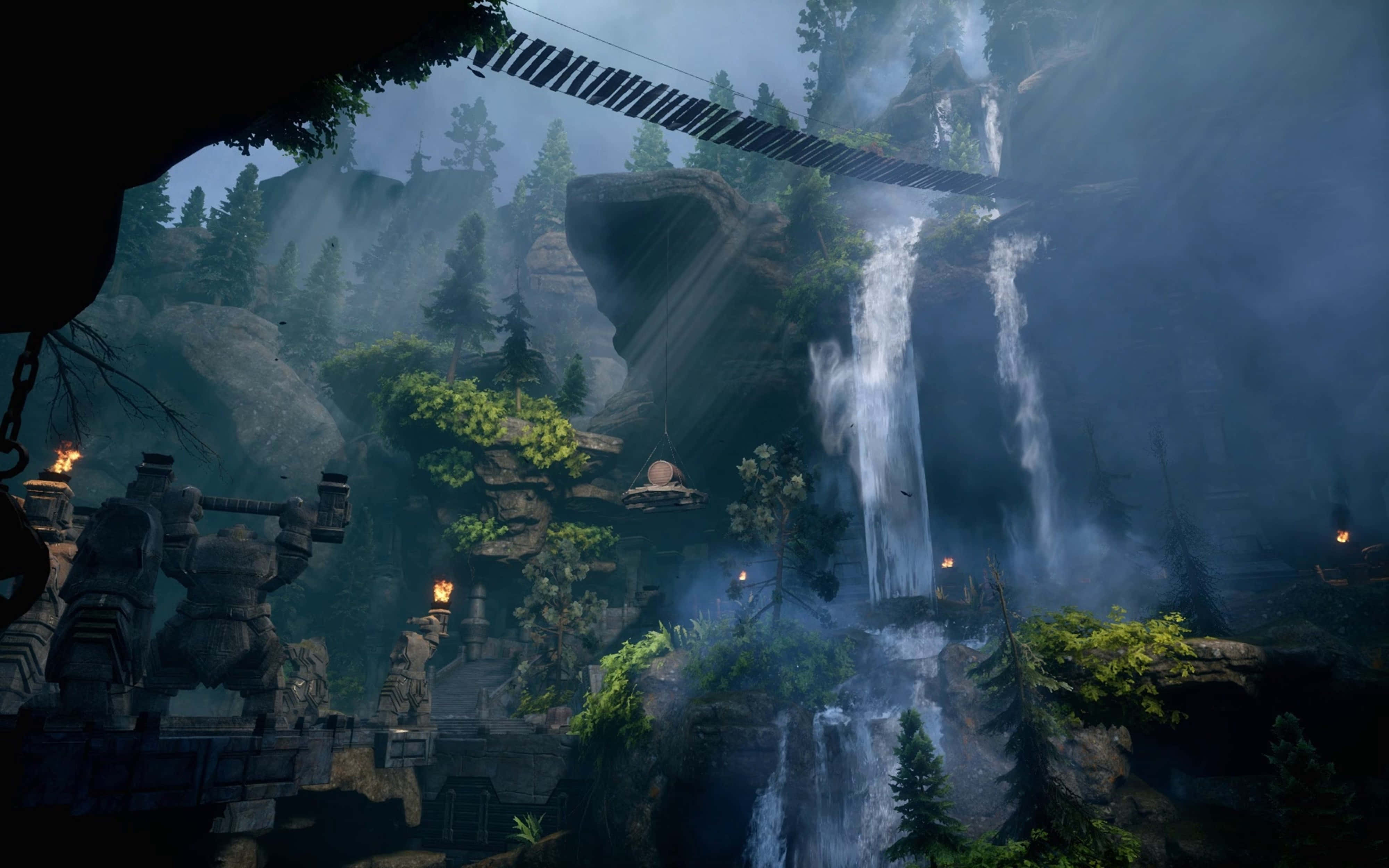 Dragon Age, misty mountain gorge, cascading waterfalls, 4K Desktop Wallpaper