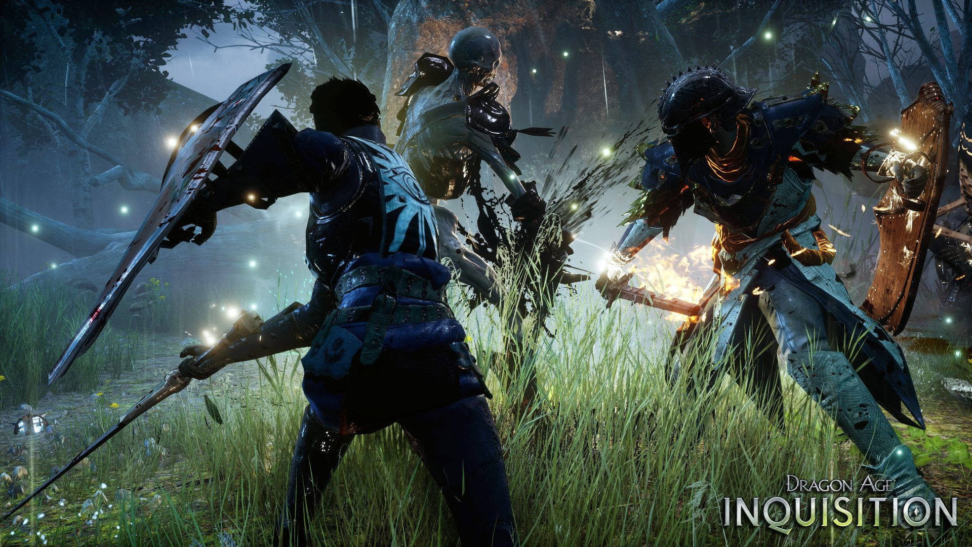 Dragon Age Inquisition, three armored warriors, misty forest, Full HD Desktop Wallpaper
