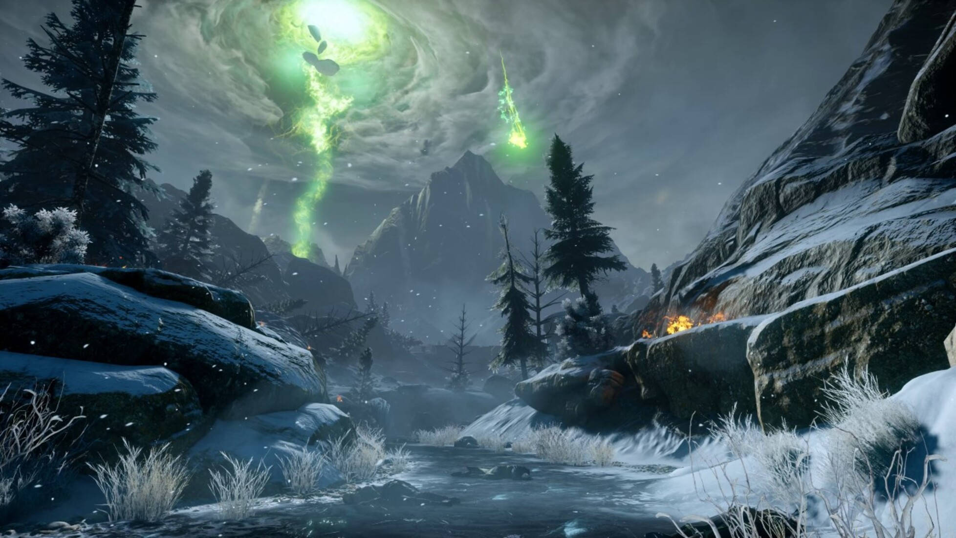 Green Storm, Dragon Age Inquisition, snowy mountain valley, Full HD Desktop Wallpaper