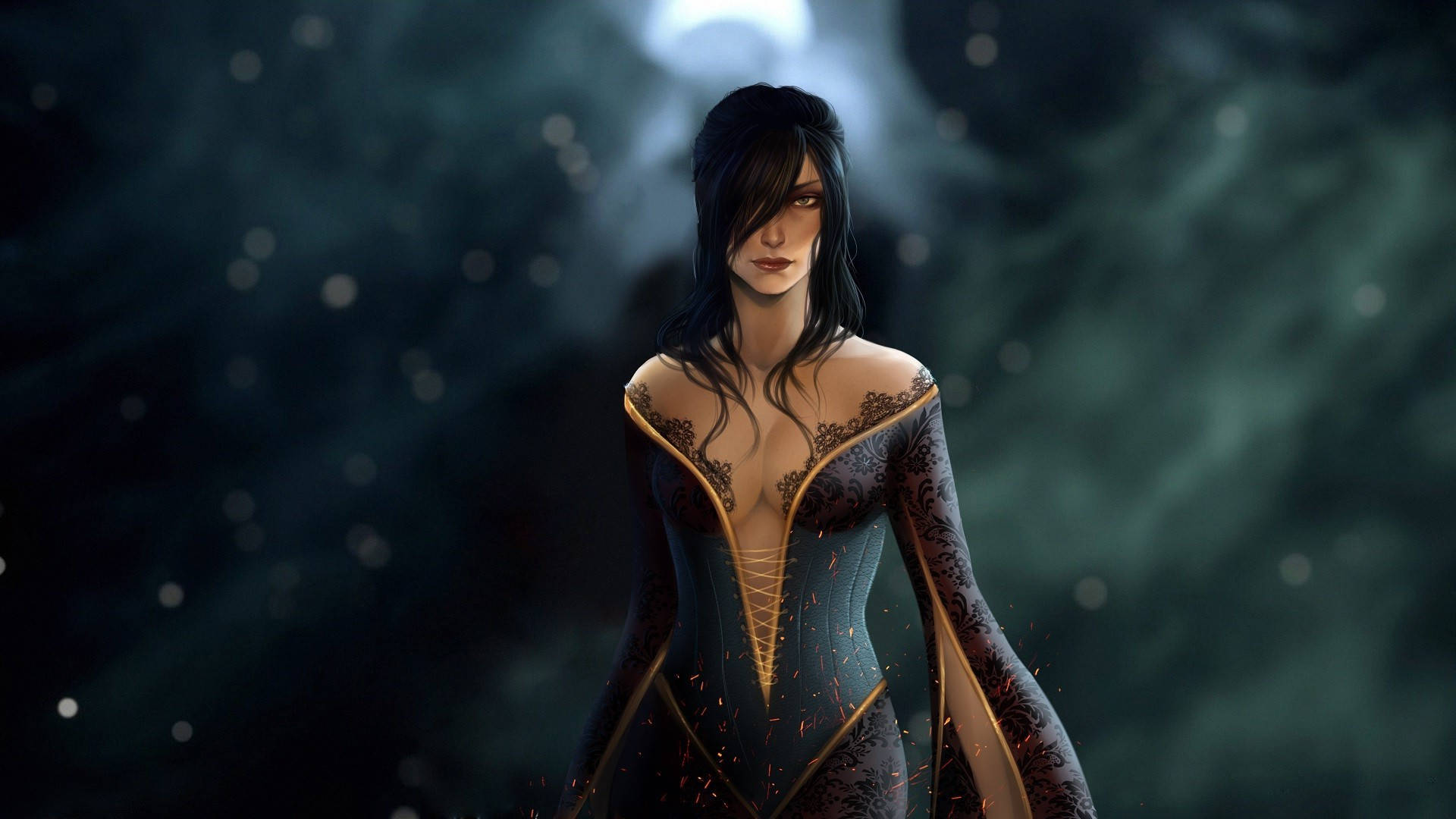 Dragon Age Inquisition, sorceress Morrigan, lace-trimmed corset dress, Full HD Desktop Wallpaper