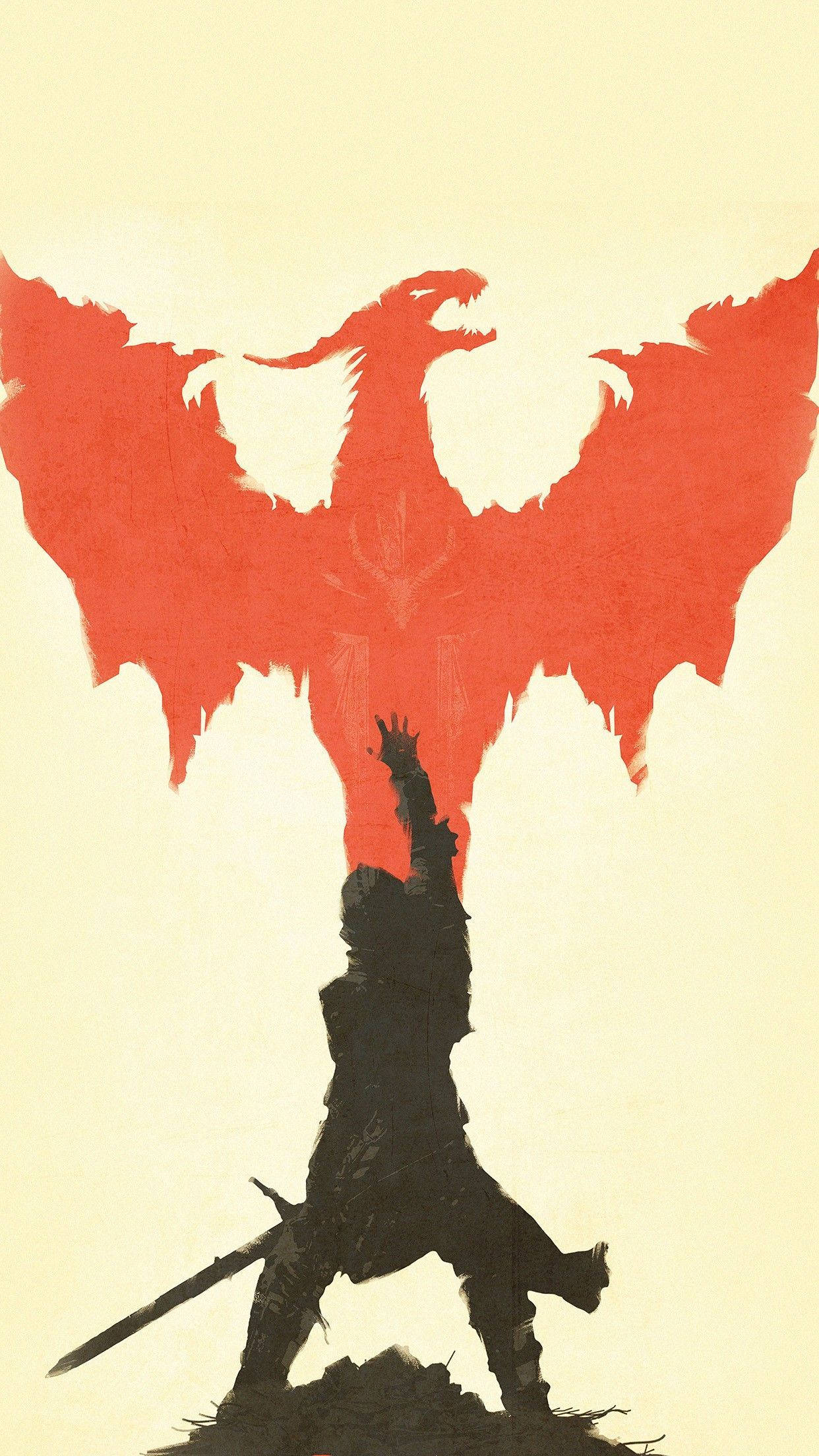 Dragon Age Inquisition, warrior silhouette, red dragon silhouette, Full HD Phone Wallpaper