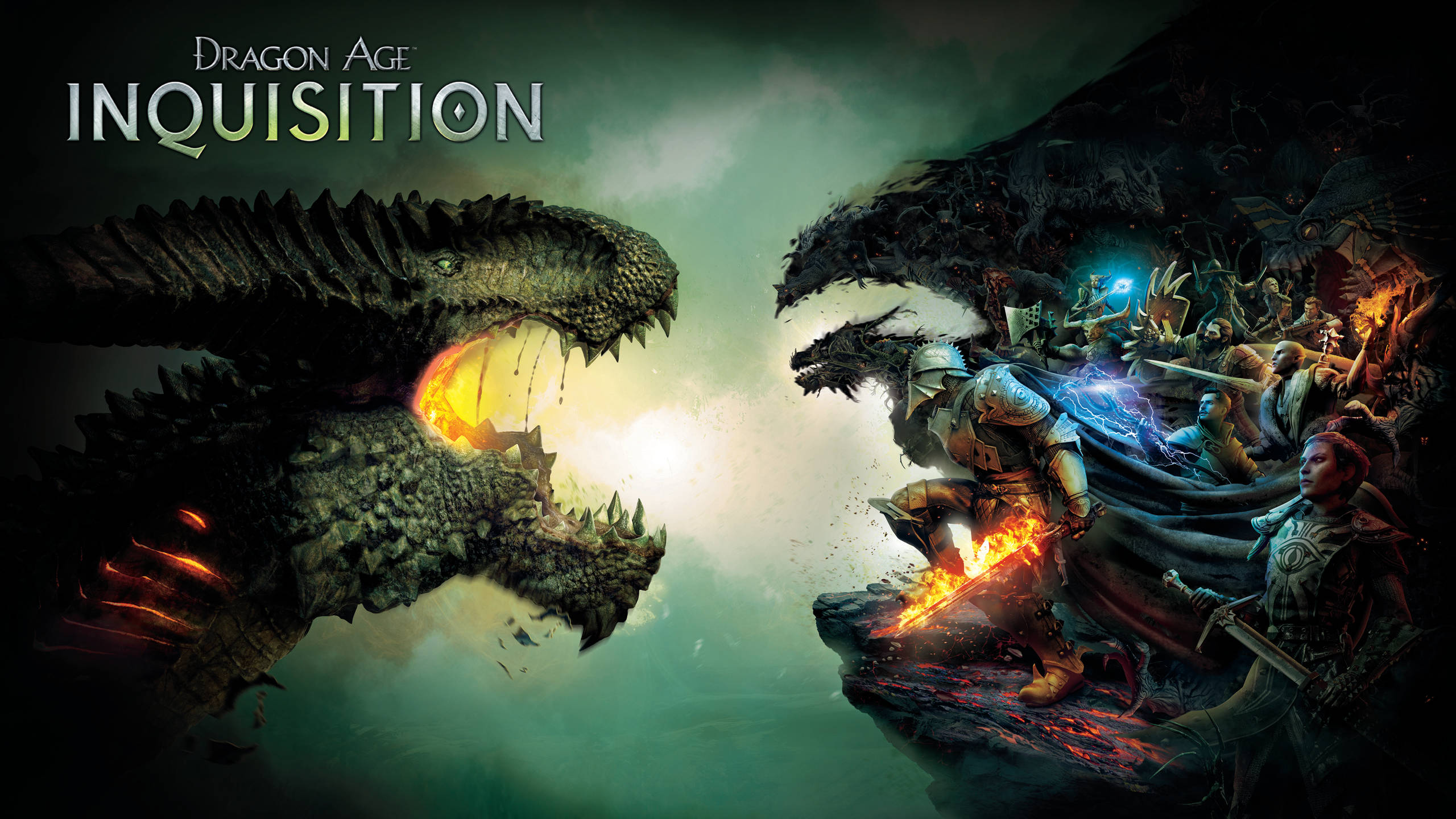 Dragon Age Inquisition, knight, massive fiery dragon, 2K Desktop Wallpaper