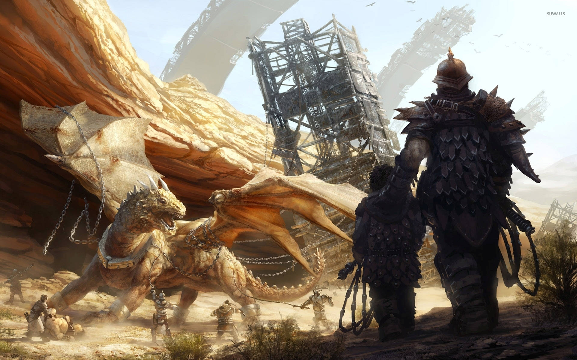 Dragon Age Inquisition, massive chained dragon, desert canyon, Full HD Desktop Wallpaper