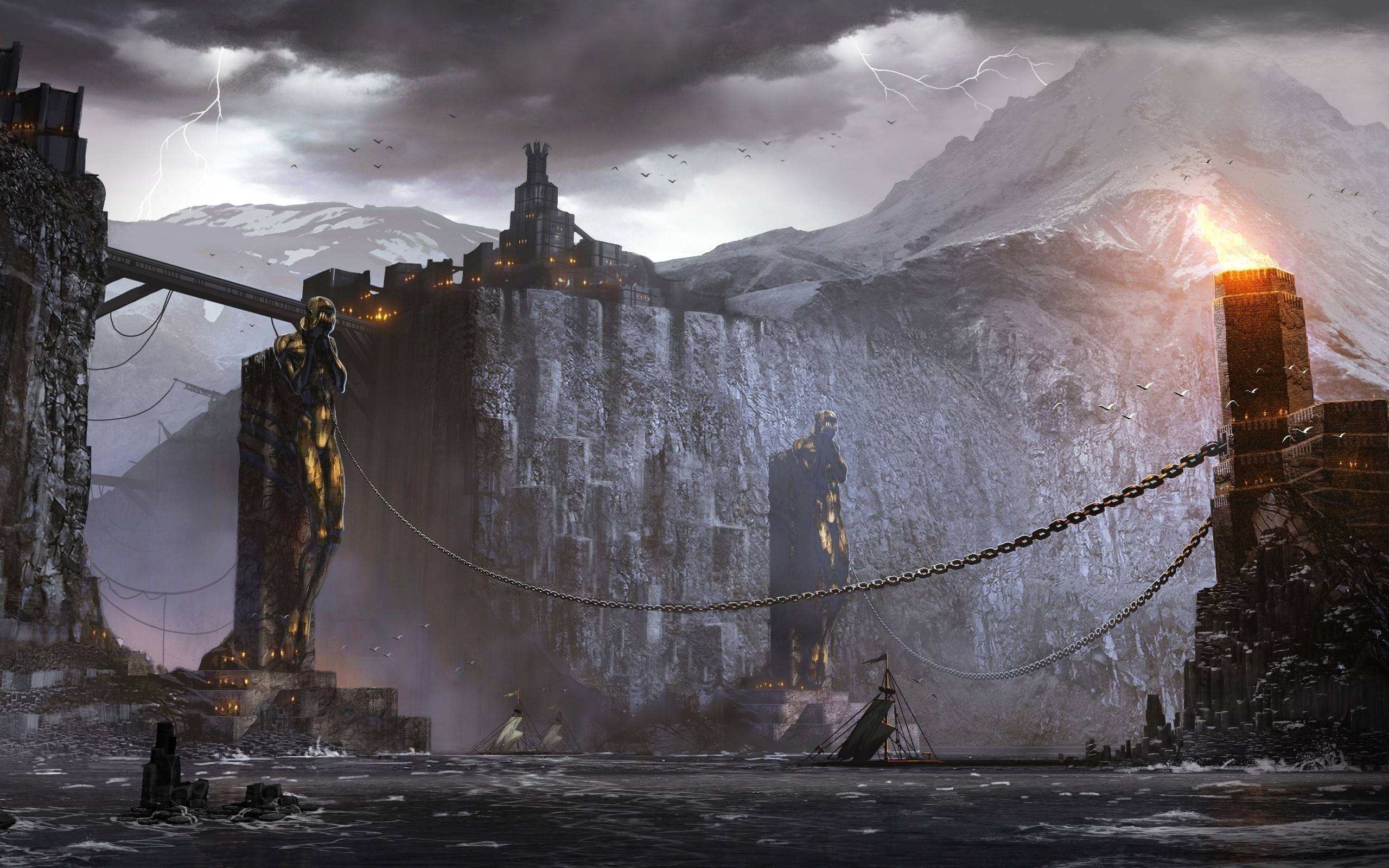 Dragon Age Inquisition, Dark Mountains, stormy mountain fortress, 2K Desktop Wallpaper