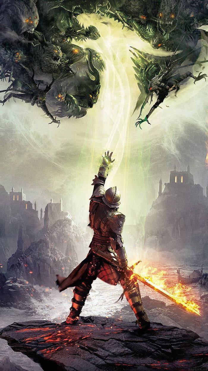 Dragon Age Inquisition, knight in red armor, flaming sword, SD Phone Wallpaper