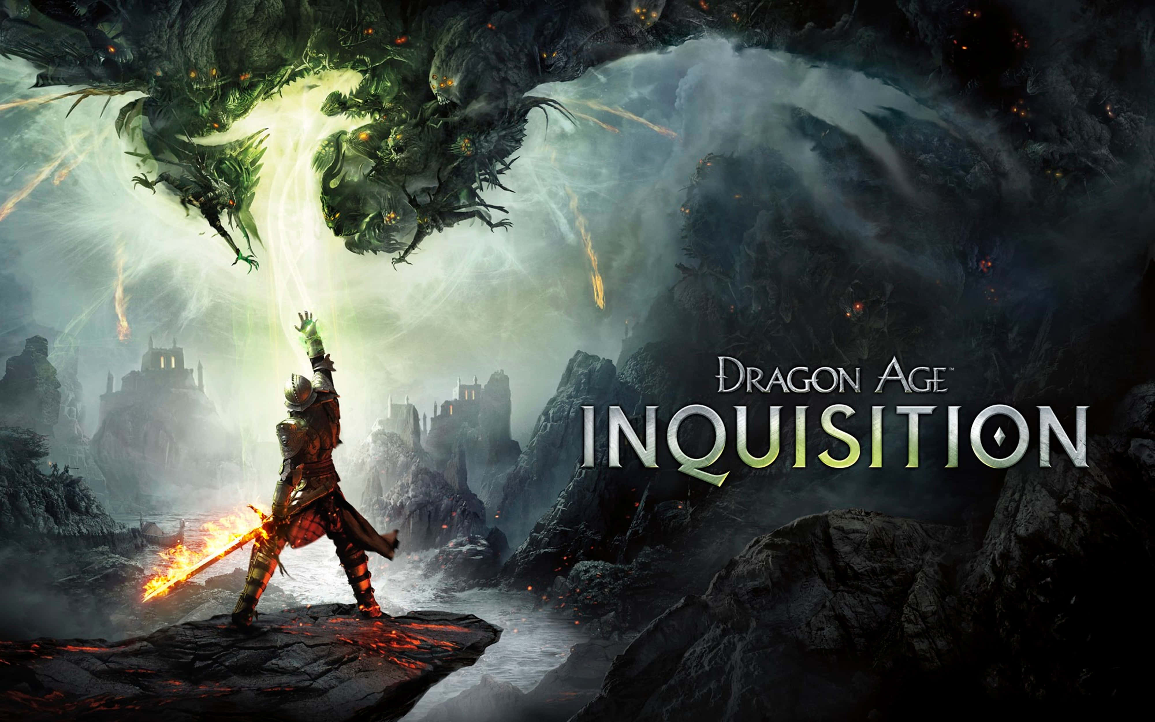 Dragon Age Inquisition, flaming sword, massive green dragon, 4K Desktop Wallpaper