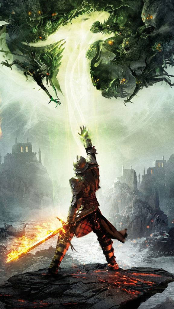Dragon Warrior, lava-streaked cliff, flaming sword, SD Phone Wallpaper